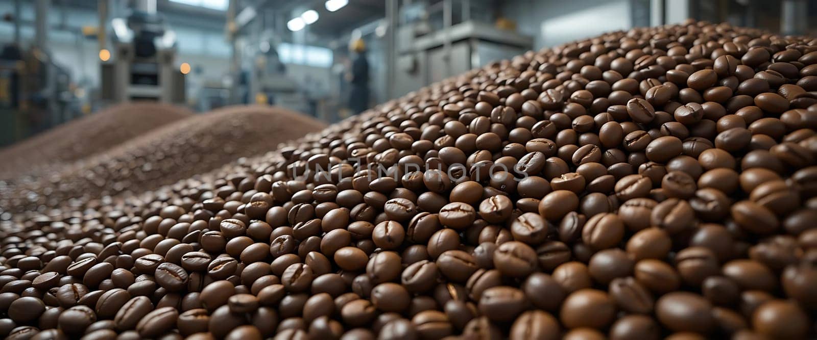 In a sprawling industrial sanctuary, mountains of coffee beans glisten under muted lights, their earthy aroma permeating the air. Each bean whispers of distant lands and early mornings, evoking a comforting warmth amidst the vast, echoing space. The atmosphere is one of quiet industriousness, a dance between nature's bounty and human innovation.