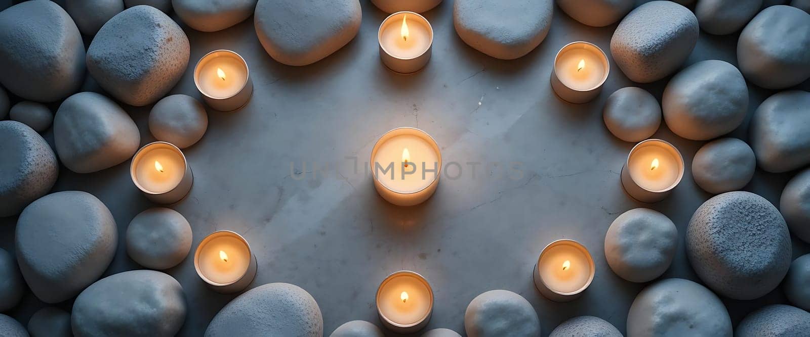 Soft candlelight flickers, casting warm, dancing shadows among cool, smooth stones. A tender haven of serenity and reflection, where whispers of peace and tranquility stir the soul.