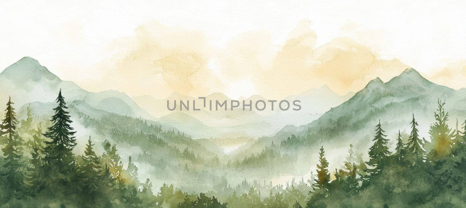 Soft watercolor artwork featuring tranquil mountains and lush trees with misty atmosphere. ideal for creating versatile greeting cards, focusing on sympathy or encouragement, and providing an open center for a personalized message.