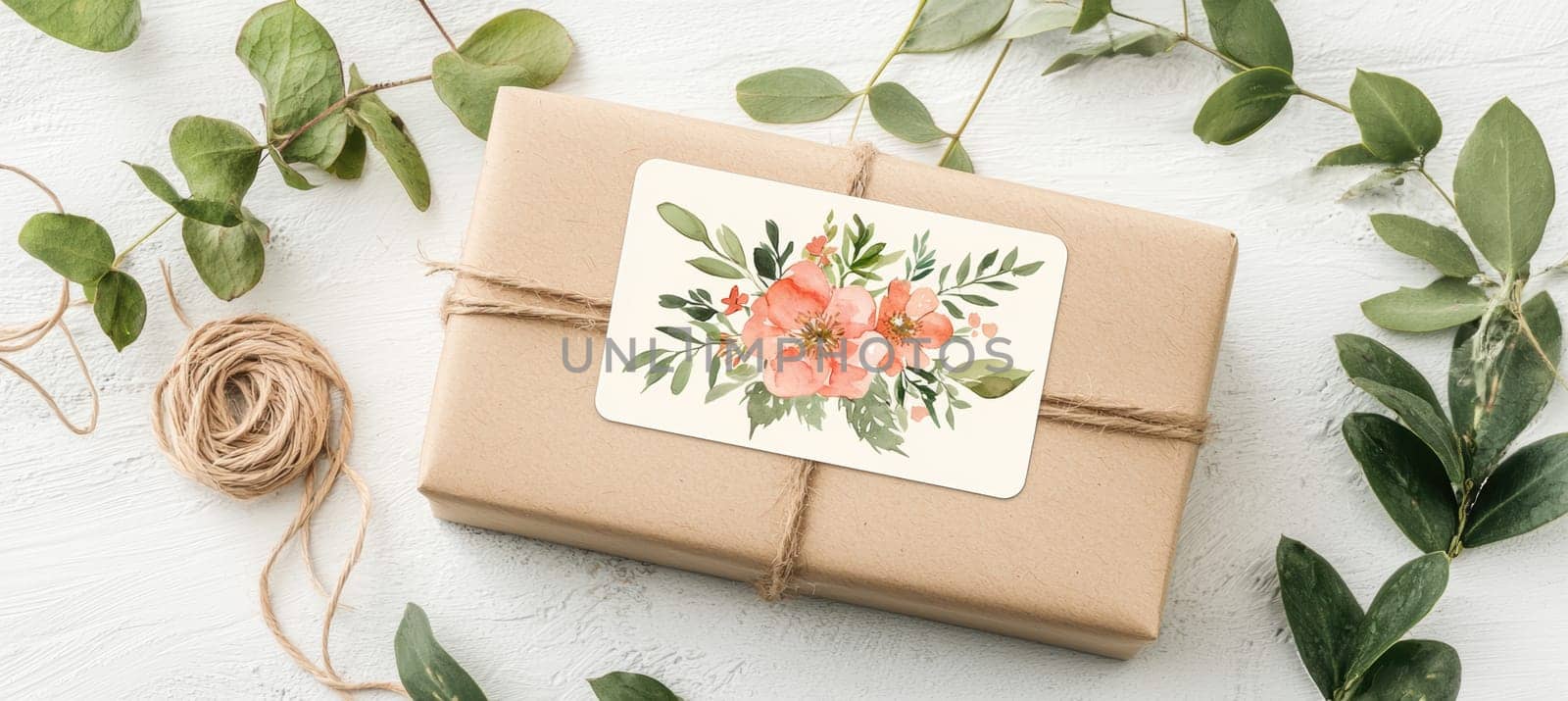 Watercolor floral sticker on a kraft paper gift box, adorned with natural twine, surrounded by greenery and pinecones. ideal for eco-friendly gift packaging, this design melds rustic charm with artistic elegance, perfect for special occasions.