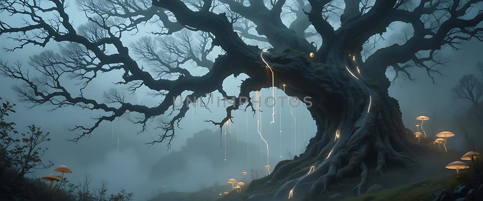 In twilight's misty embrace, a majestic tree's gnarled arms stretch wide, guarding secrets in its glowing hollow. Mushrooms softly luminesce, whispering tales of ancient enchantment. A serene melancholy suffuses the air, as if the forest itself breathes forgotten dreams.