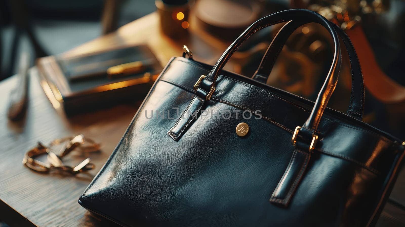 Premium leather tote bag showcased on a polished wooden table, complemented by elegant gold accessories. the composition exudes sophistication, high-end fashion details and a luxurious aesthetic for style-conscious consumers.