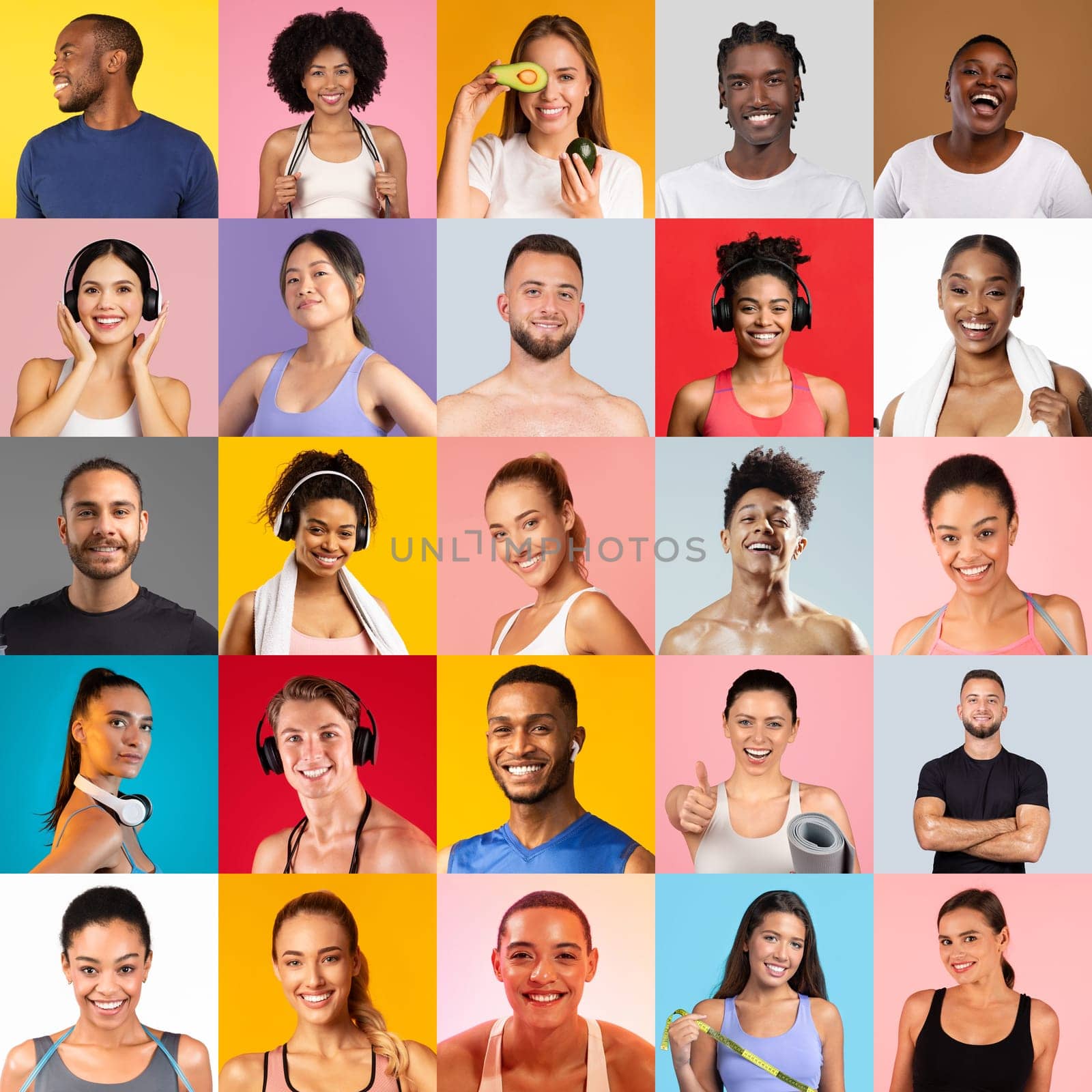 A vibrant mix of individuals showcases their commitment to fitness through joyful expressions and activities. Various poses highlight different aspects of an active lifestyle in a colorful background.