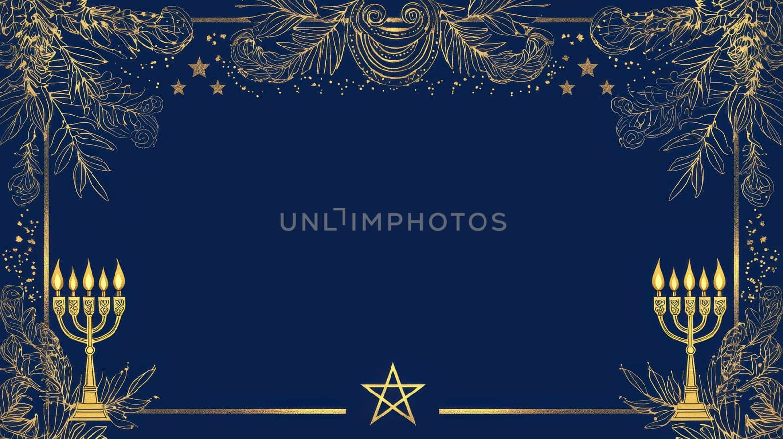 Hanukkah greeting card template featuring a deep blue background with ornate golden illustrations of a menorah and star of david. ideal for personalized holiday messages, perfect for print, cards, or posters.