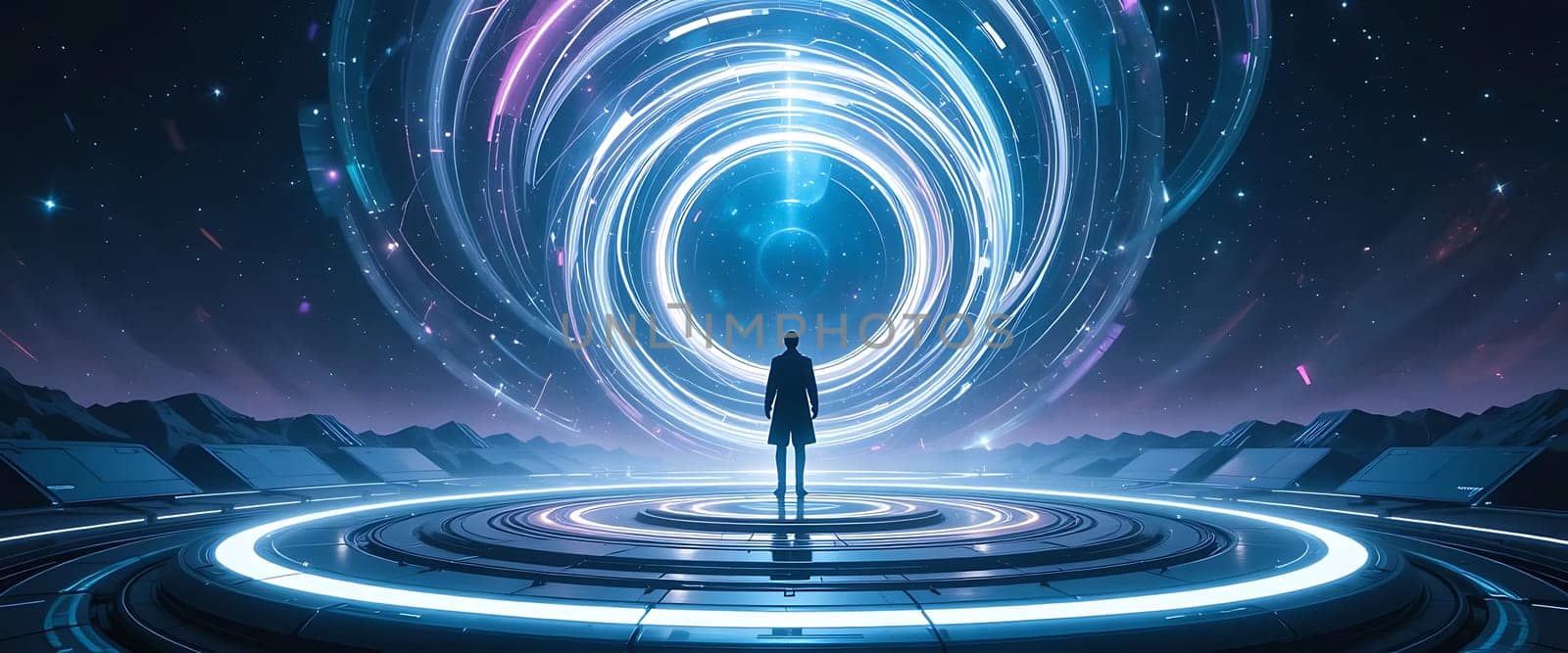 A lone figure stands beneath cosmic rings aglow, surrounded by vast, silent emptiness. Echoes of distant stars whisper secrets. Hope and isolation entwine, as the unknown beckons with cold, radiant allure.