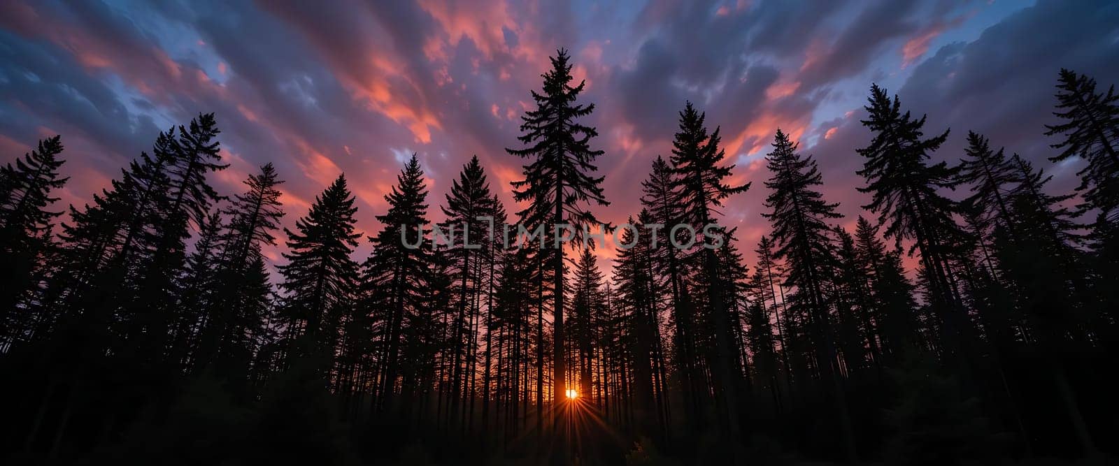 Tall, whispering pines stand sentinel beneath a fiery sunset. Twilight's tender hues kiss the sky, evoking a tranquil, reverent silence, where nature's majesty meets serene solitude.