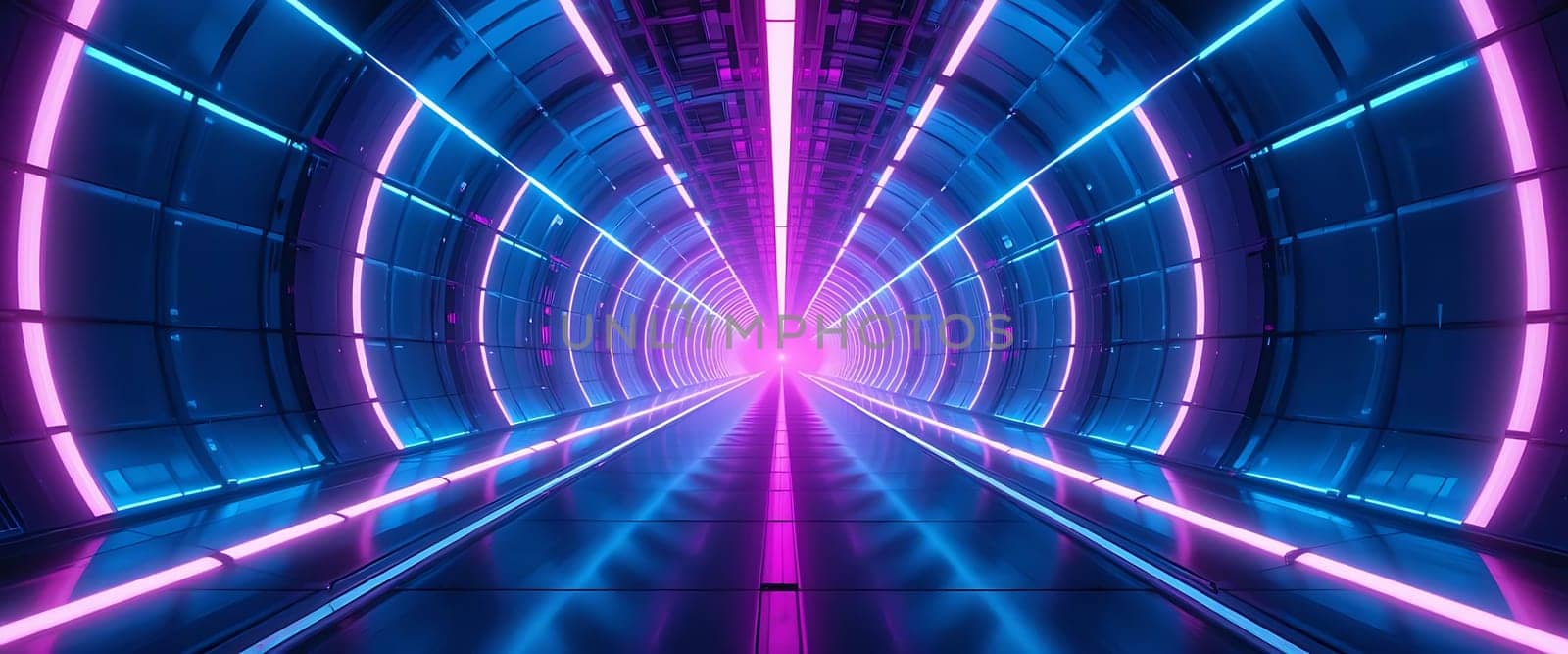 Deep within this luminous abyss, neon hues dance, creating a symphony of light and shadow. Electric blues and pulsating purples merge, drawing you into an endless vortex. The air hums with energy, every breath charged with anticipation. You're entranced, feeling a mix of exhilaration and mystery, pulled deeper into this futuristic dream.