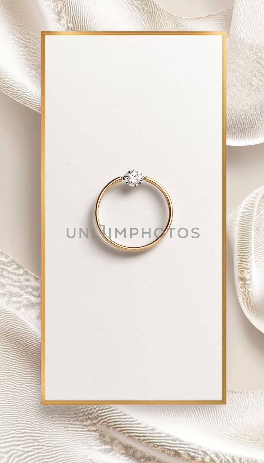 Elegant greeting card template showcasing a minimalist design with a white and gold color scheme. features a simple engagement ring illustration and a gold ribbon, offering space for a congratulatory message, ideal for engagement announcements.