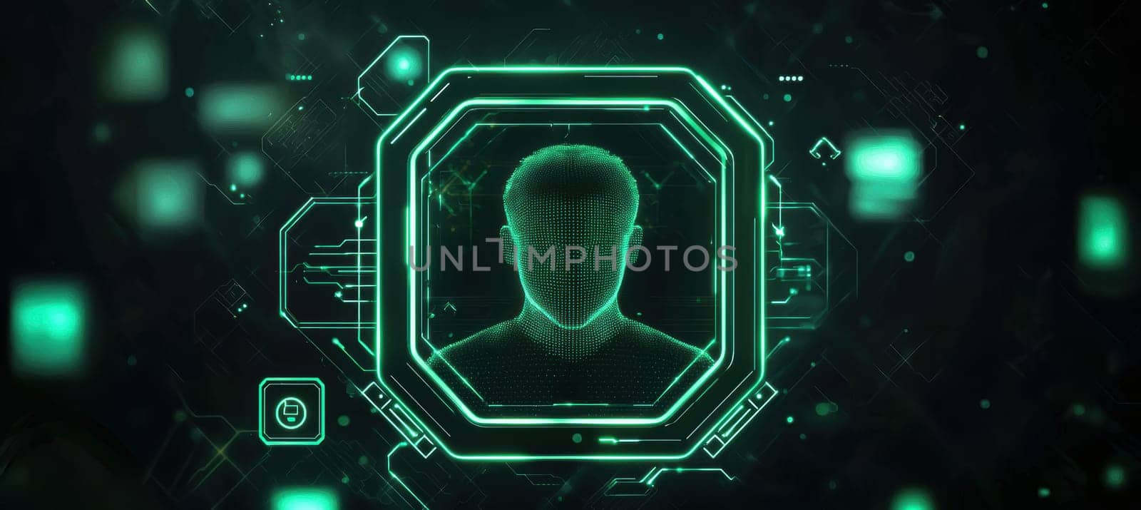 Futuristic email signature featuring dark background and glowing green circuitry, a rounded neon frame for the profile picture. ideal for tech-savvy professionals, ai themes, and digital branding needs.