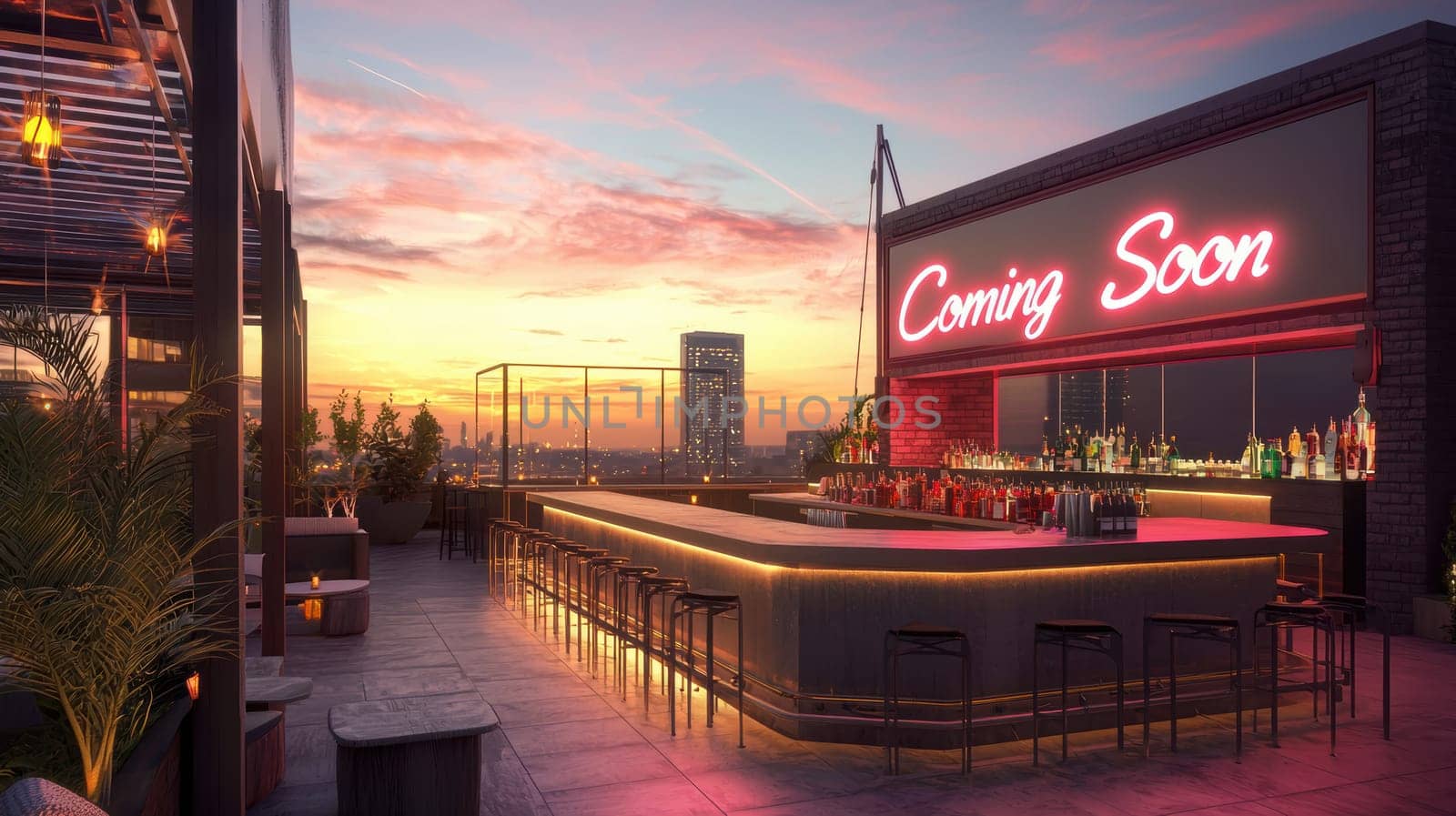 Chic rooftop bar at sunset showcases a reserved area with sleek seating. the glowing "coming soon" neon sign adds allure. city skyline forms a stunning backdrop, enhancing the exclusive and inviting atmosphere of the bar setting.