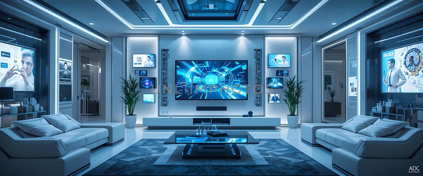 A futuristic sanctuary bathed in cool blue light, where technology and comfort entwine. Sleek screens glow with life as plush seats invite relaxation. The air hums softly, pulsing with innovation and serene possibility.