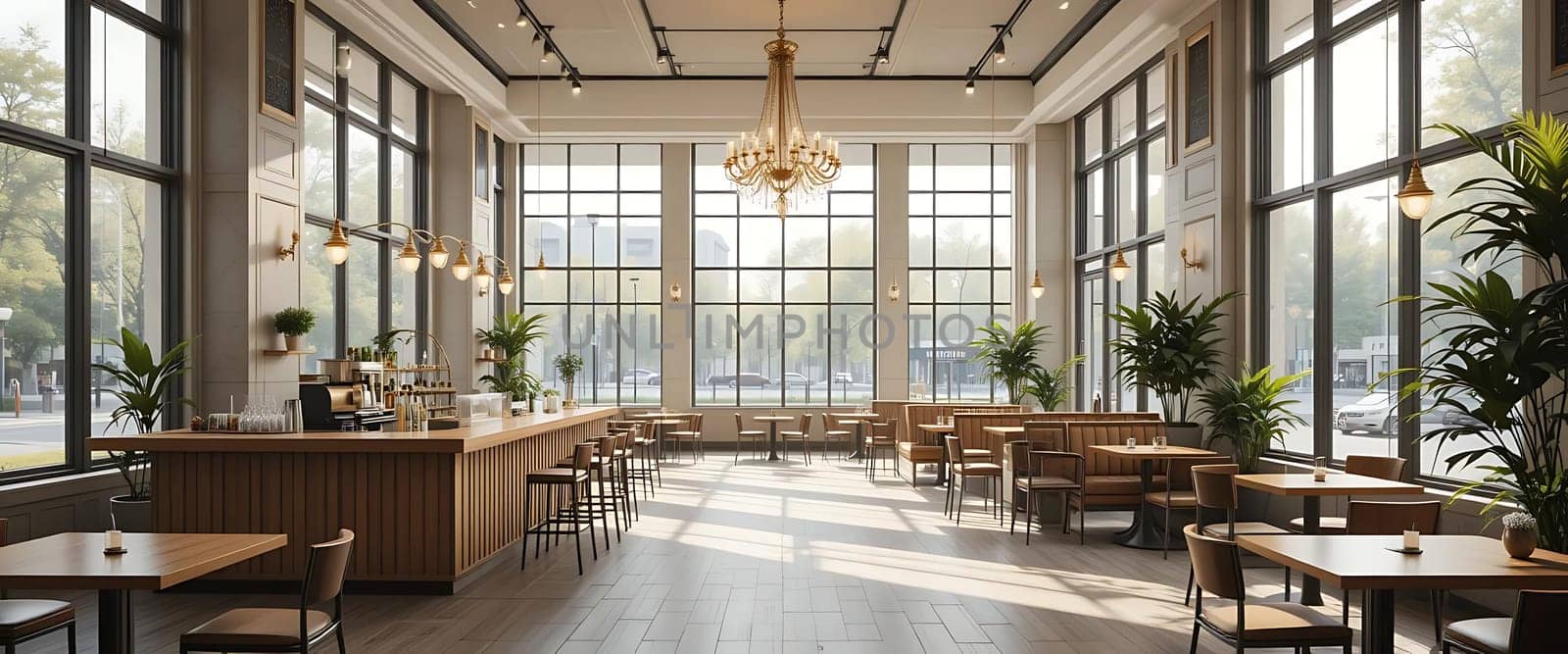 Sunlight streams through towering windows, casting golden glows on polished floors. A grand chandelier sparkles above, as lush greenery breathes life into the space. The air hums with quiet elegance, inviting whispers and stolen glances. Warmth radiates from wooden tables, echoing the comfort of shared moments. Tranquility mingles with gentle anticipation, creating a sanctuary of serene sophistication.