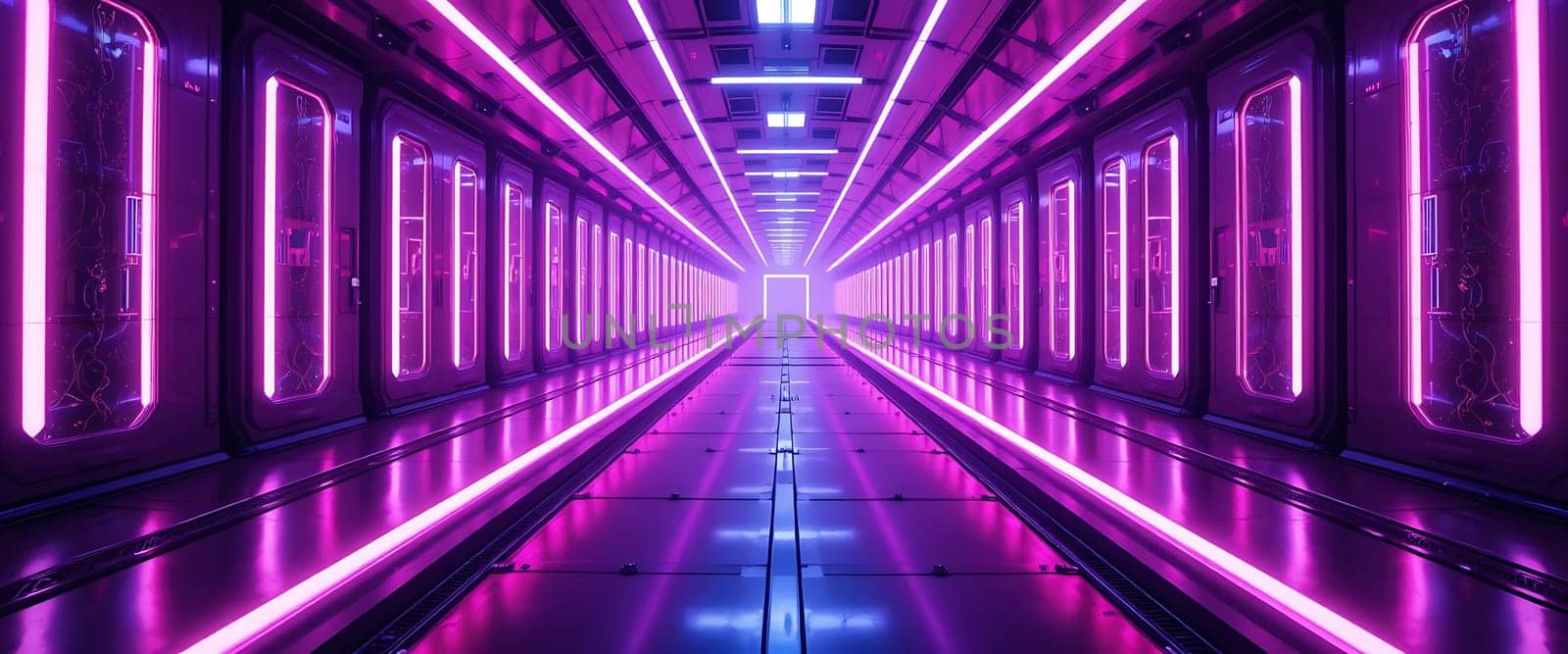 Enter an infinite corridor, bathed in haunting neon purples. Echoing silence grips the air, each reflective surface whispering of untold secrets. Cold, sterile, yet mysteriously alluring, this futuristic passage beckons with promises of the unknown.