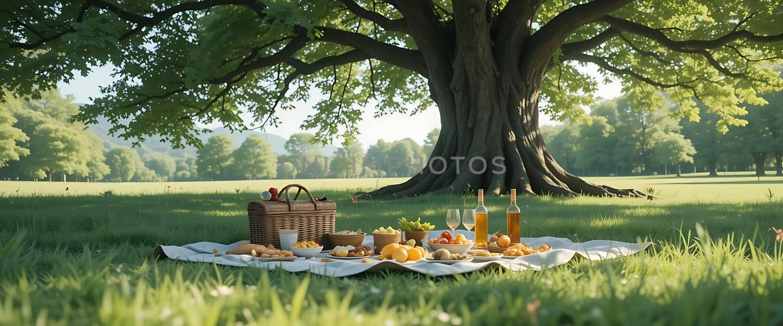 Beneath a grand tree's embrace, a picnic rests on sun-drenched grass. Golden light dances, as serene warmth and joyful anticipation fill the air. Nature's calm whispers of simple joys and shared moments.