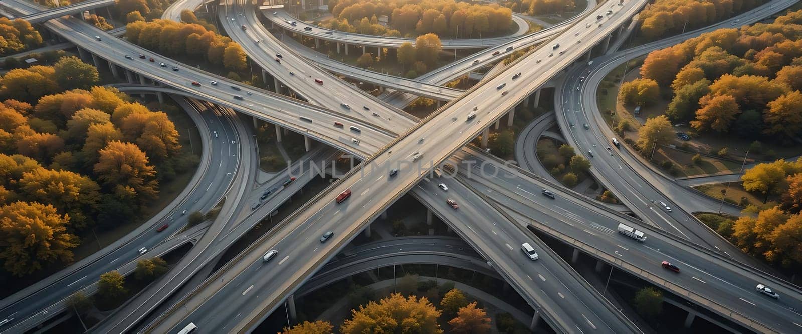 Golden autumn leaves whisper in the breeze as cars glide along endless ribbons of asphalt. Sunlight dances, casting long shadows in a labyrinth of motion. Serene yet dynamic, it's a ballet of steel and nature, evoking a sense of both tranquility and endless journey.