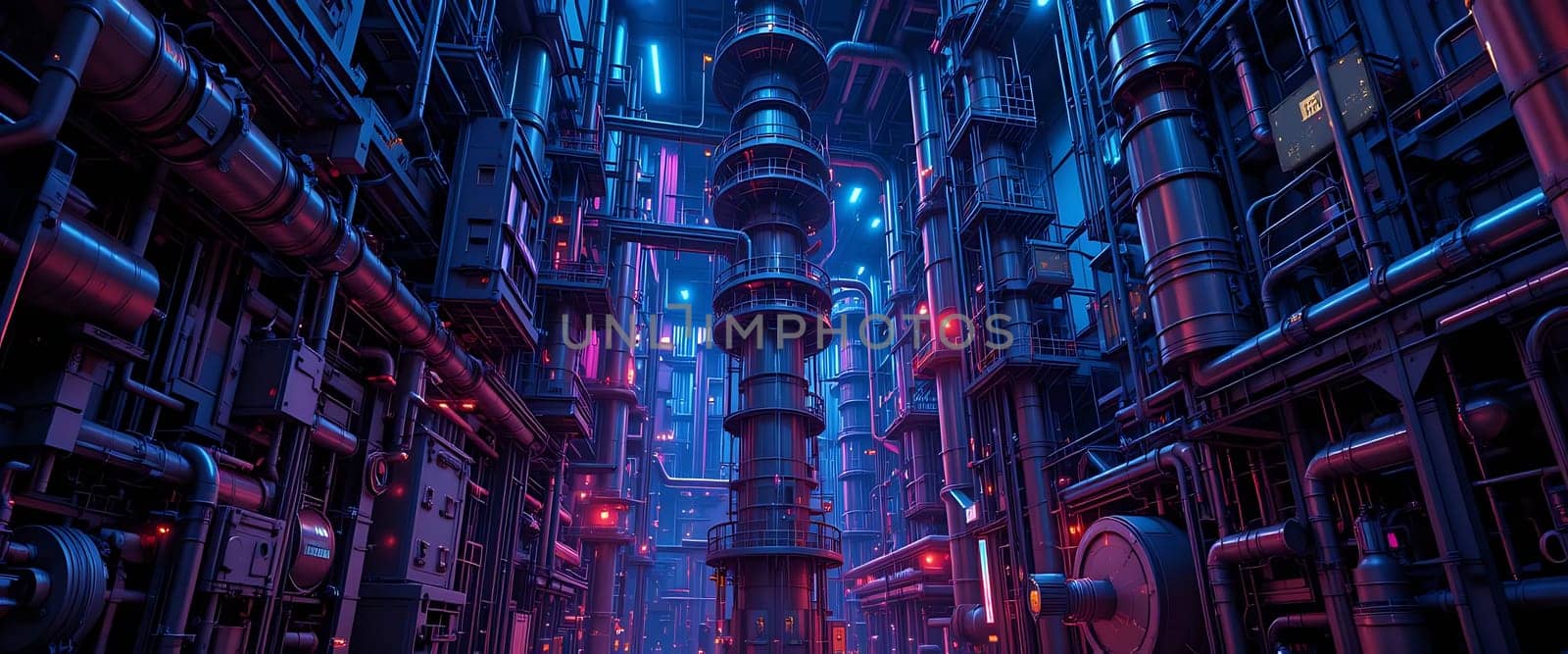 In a neon-bathed abyss, towering metal giants loom, their hum a haunting symphony. Cold steel breathes eerie life, pulsating with alien energy. Fear and wonder entwine in this futuristic underworld, where shadows dance with electric light.