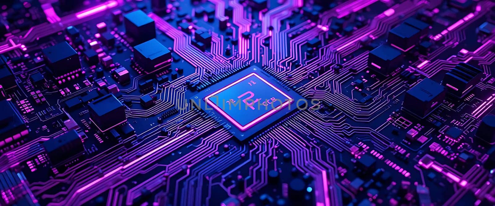 Bathed in neon hues, a pulsating chip lies at the heart of a circuit board, evoking a futuristic dance of technology. The cool blues and vibrant purples stir a sense of wonder and anticipation, as if gazing into a digital dreamscape where innovation thrives.