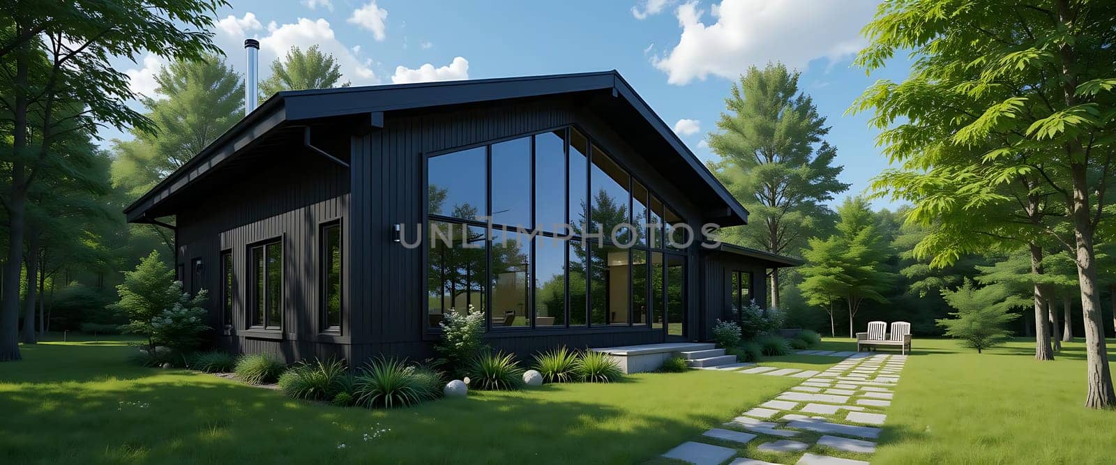 Nestled in verdant tranquility, a sleek, modern cabin basks in sunlight, its glass heart reflecting serene skies. Crisp air whispers through the pines, as the pathway beckons, promising warmth and refuge amidst nature's embrace.
