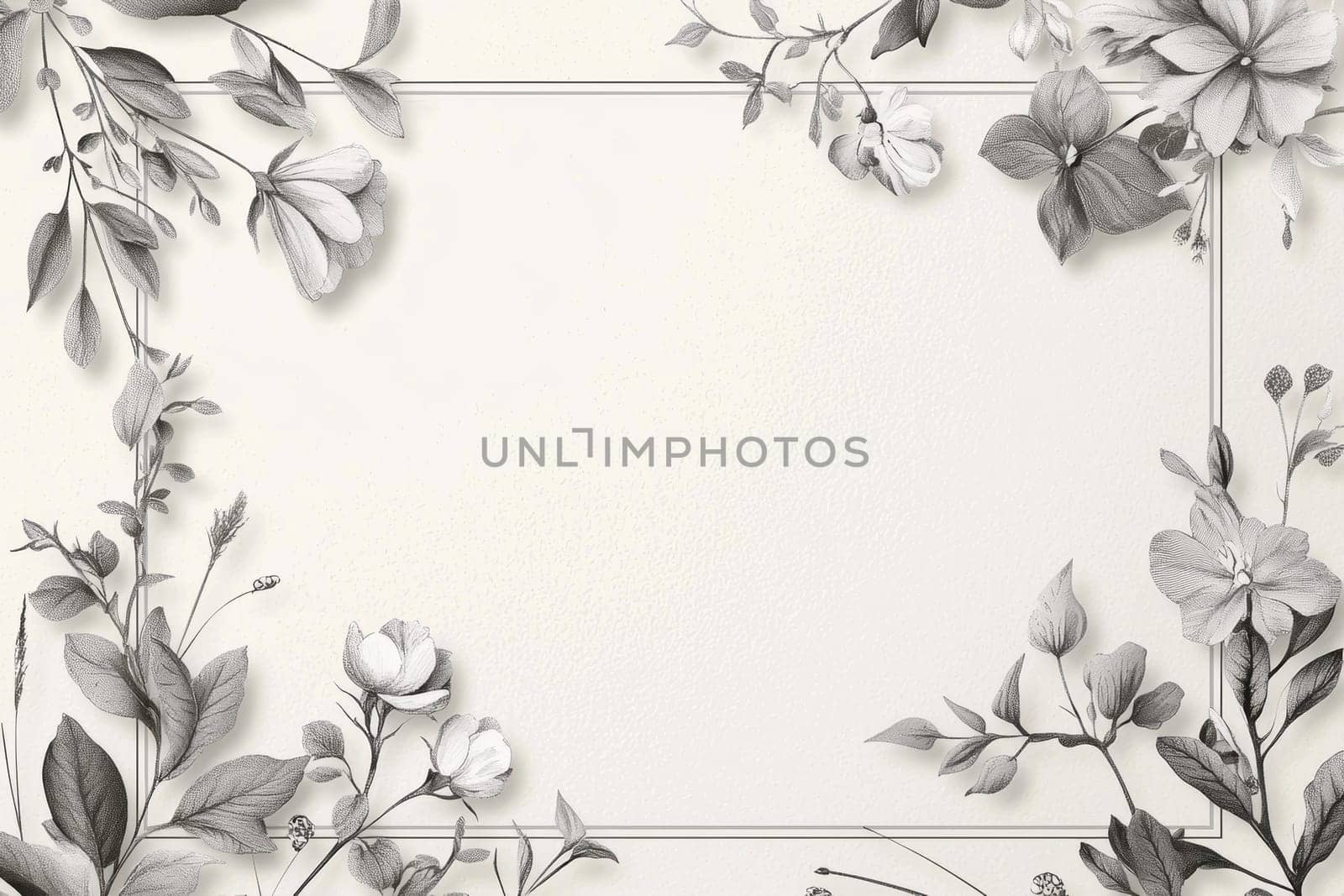 Condolence greeting card template with a minimalist white and gray aesthetic, featuring delicate floral designs framing a blank center. ideal for respectful messages, offering a thoughtful and understated backdrop for expressions of sympathy.
