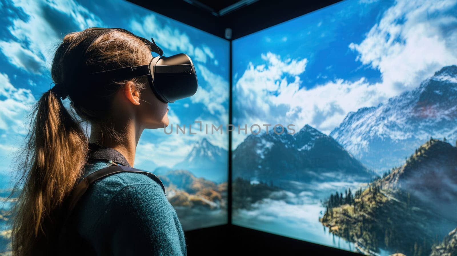 A young adult is fully immersed in an engaging virtual reality experience at an innovative tech exhibition