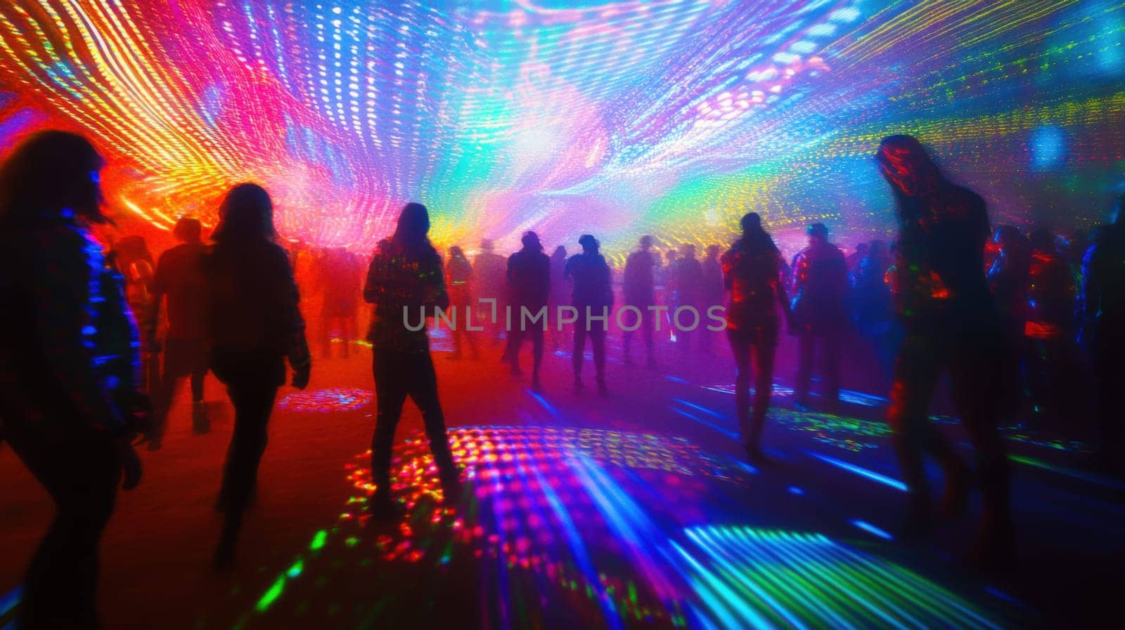 A vivid display of ethereal figures dancing in a burst of colors and light, creating a mesmerizing scene