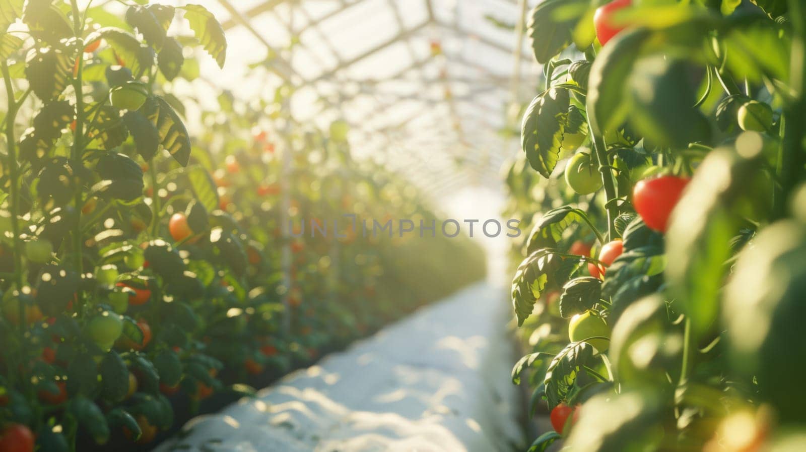 Scene of a modern greenhouse filled with rows of plants such as tomatoes, peppers, and herbs
