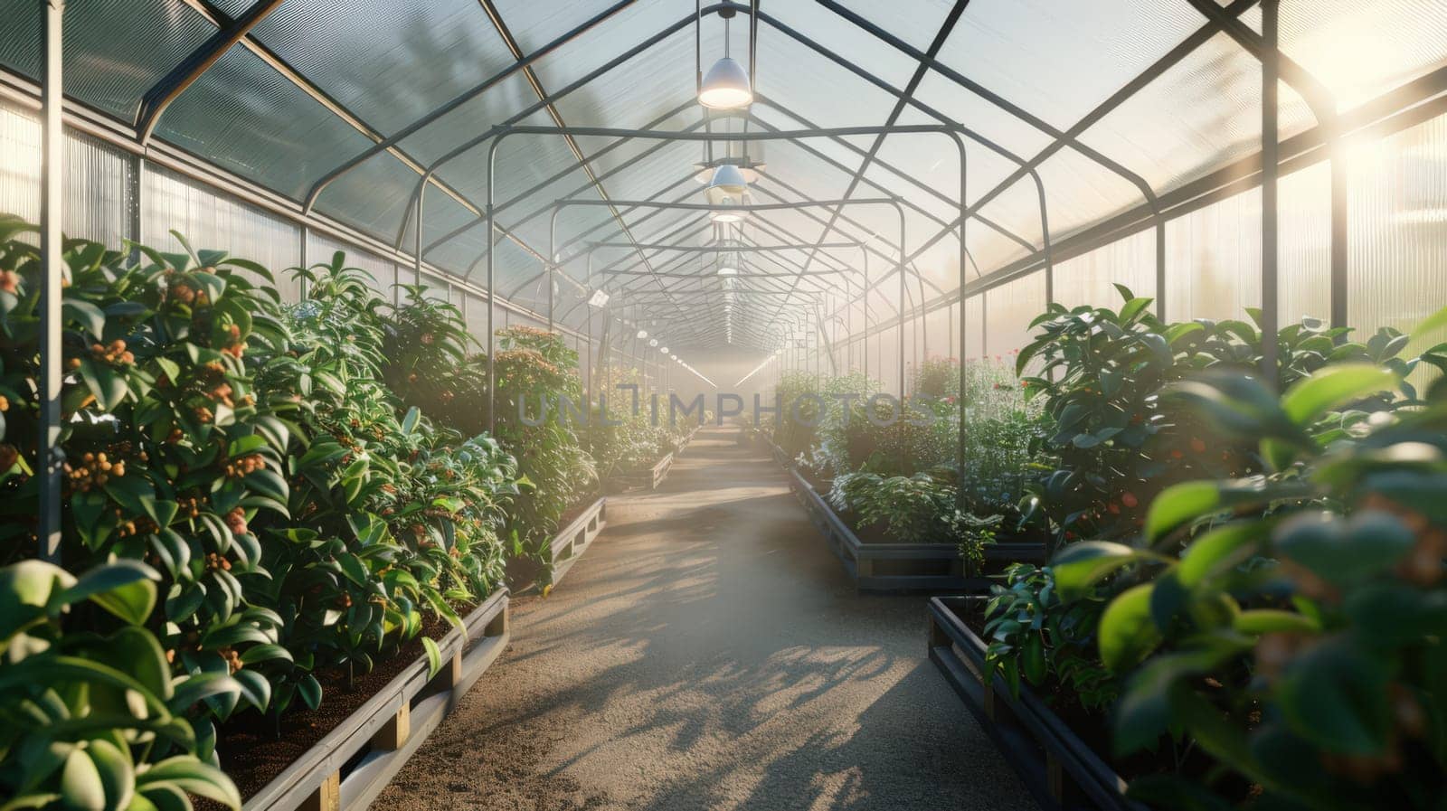 Scene of a modern greenhouse filled with rows of plants such as tomatoes, peppers, and herbs