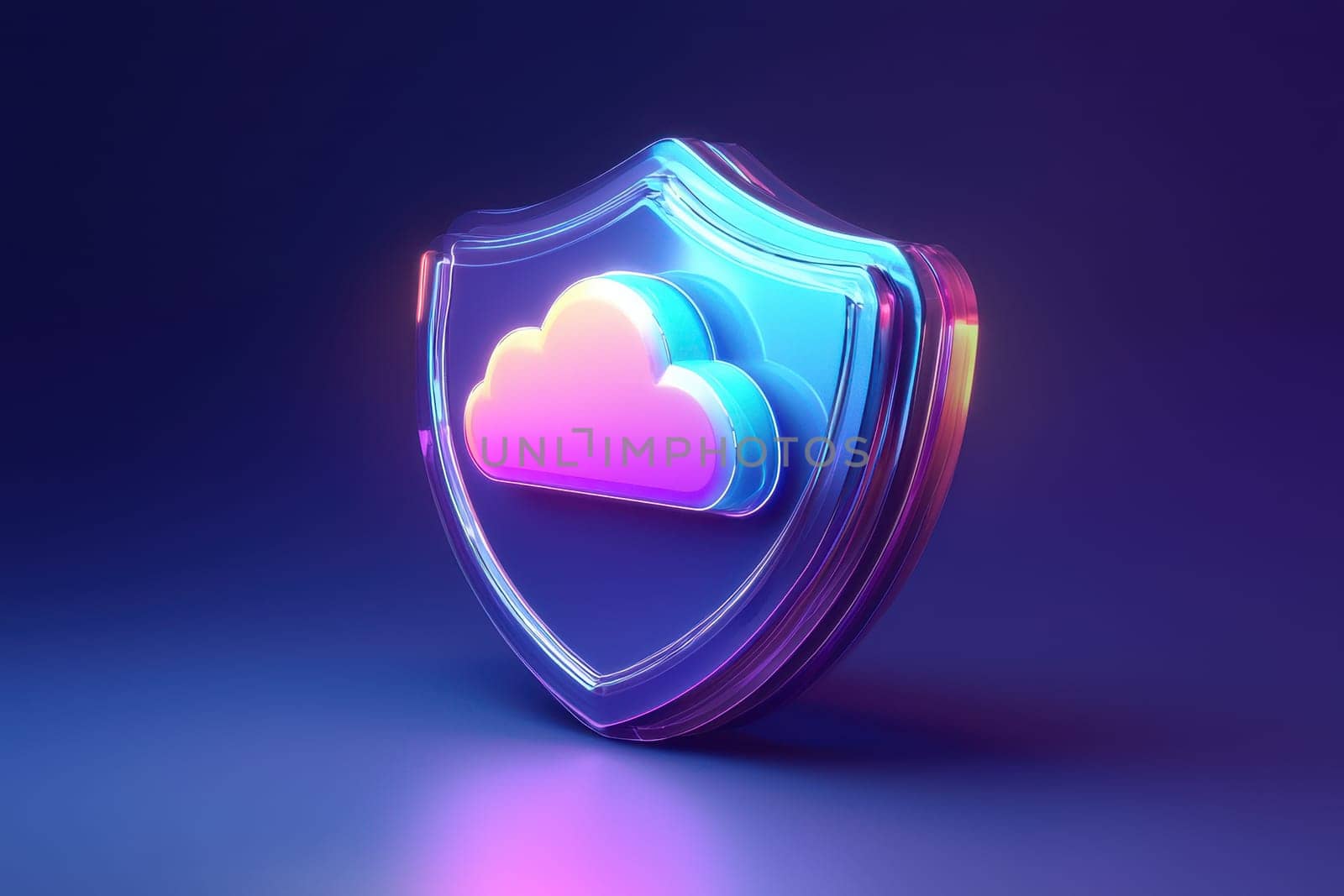 A colorful cloud with a shield on top of it. The shield is blue and the cloud is multicolored
