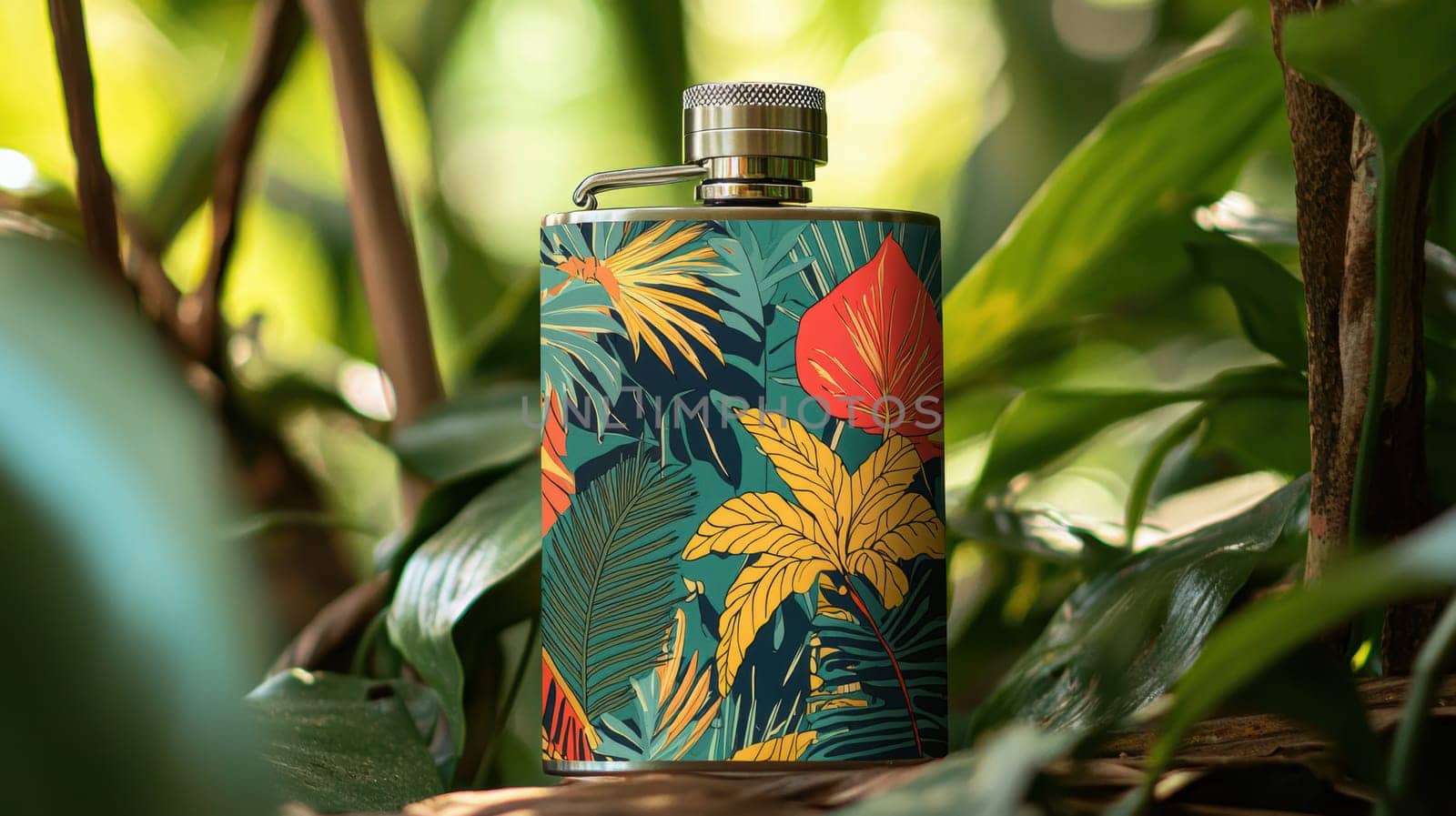 A stainless steel flask adorned with a colorful jungle-themed vinyl sticker, set against lush tropical foliage. the lively design features vibrant hues, creating an eye-catching outdoor aesthetic perfect for travel or nature enthusiasts.