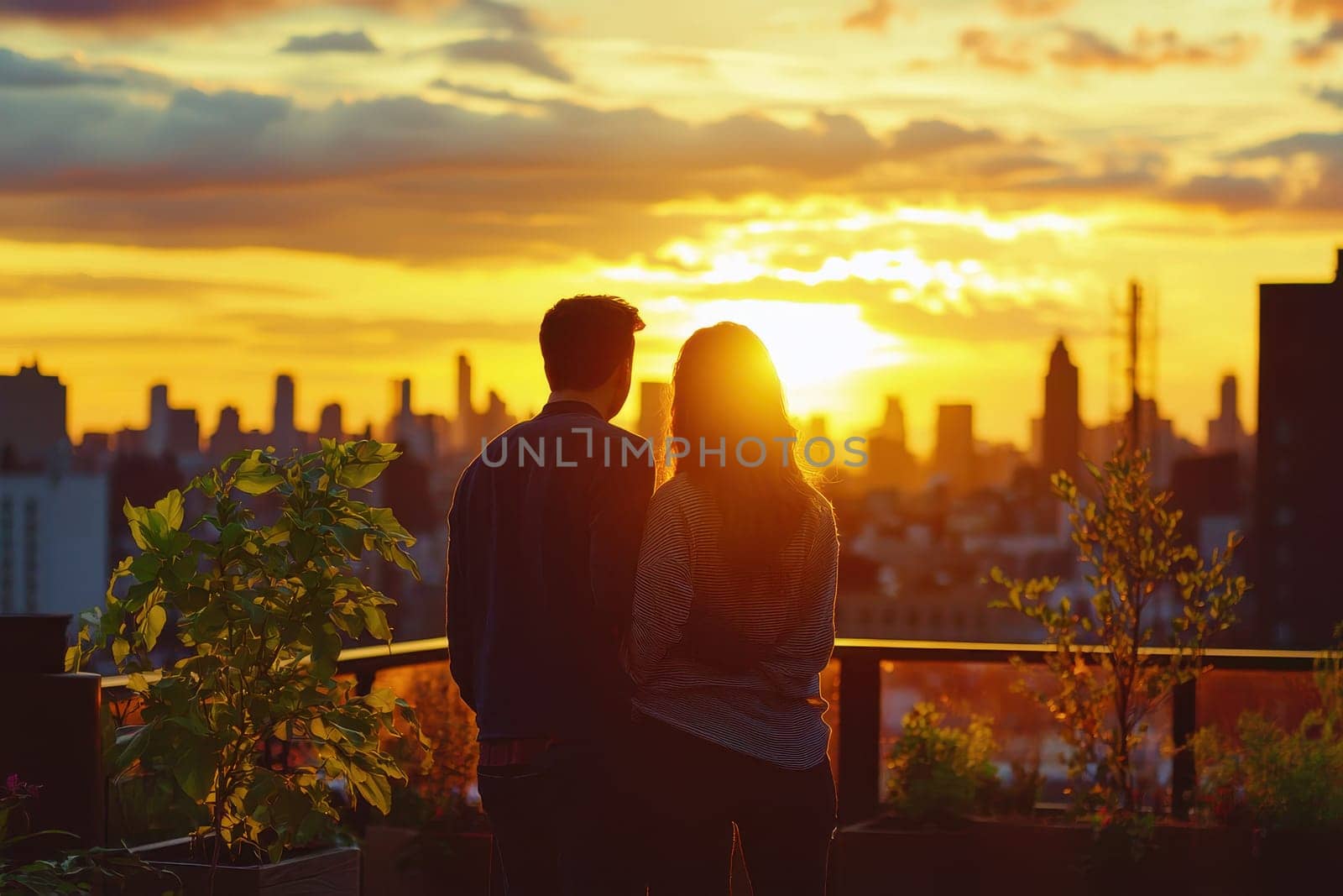 A couple is standing on a rooftop, looking out at the city skyline as the sun sets. Scene is romantic and peaceful, as the couple enjoys the beautiful view together