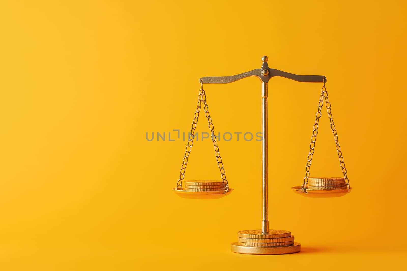 A gold scale with two sides and a coin on each side. The scale is balanced, but the coins on one side are heavier than the other