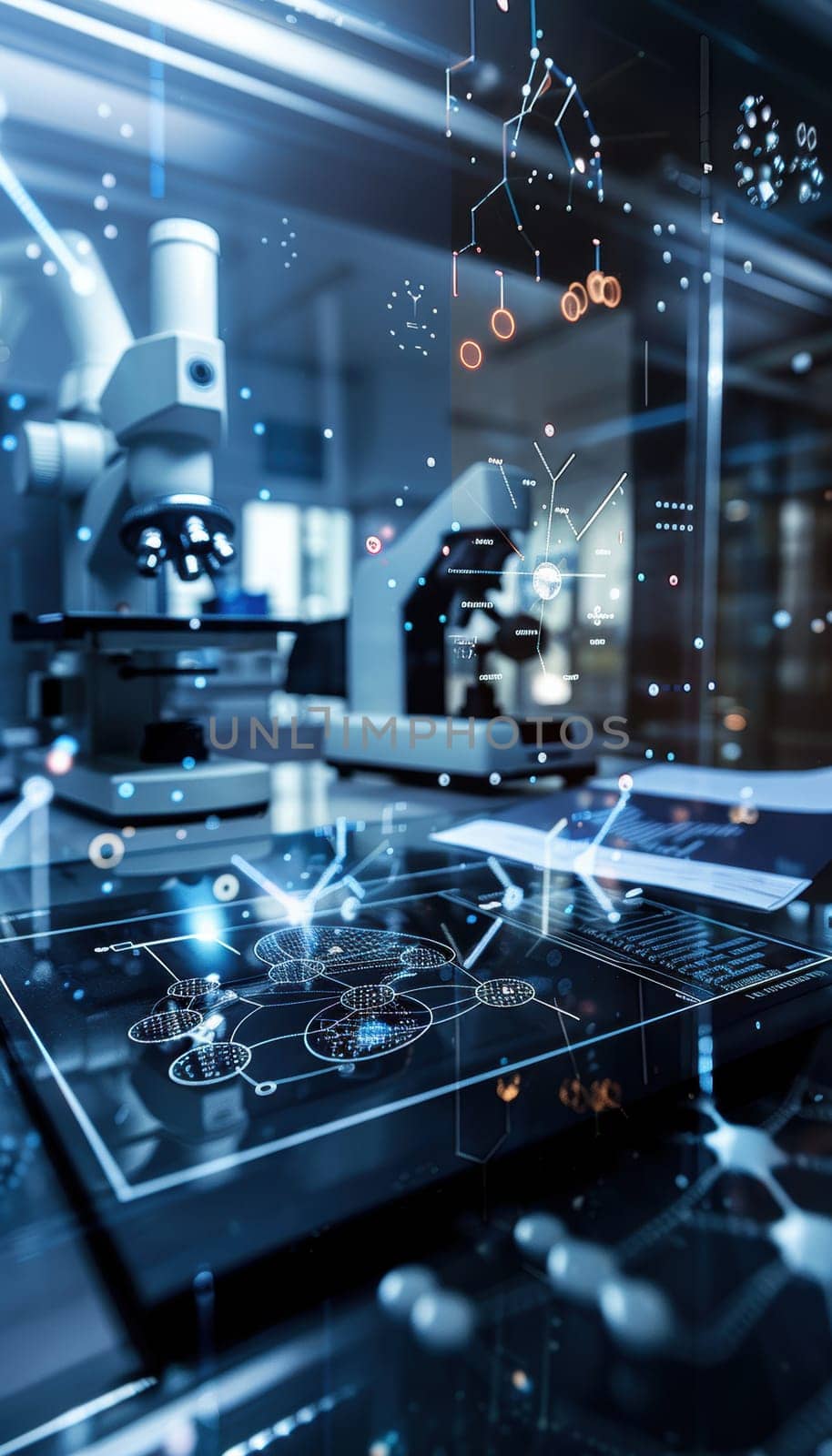 Close-up of a bioengineer's workstation showcasing detailed genetic diagrams, lab notes, and advanced laboratory equipment, the precision and complexity involved in modern bioengineering practices.