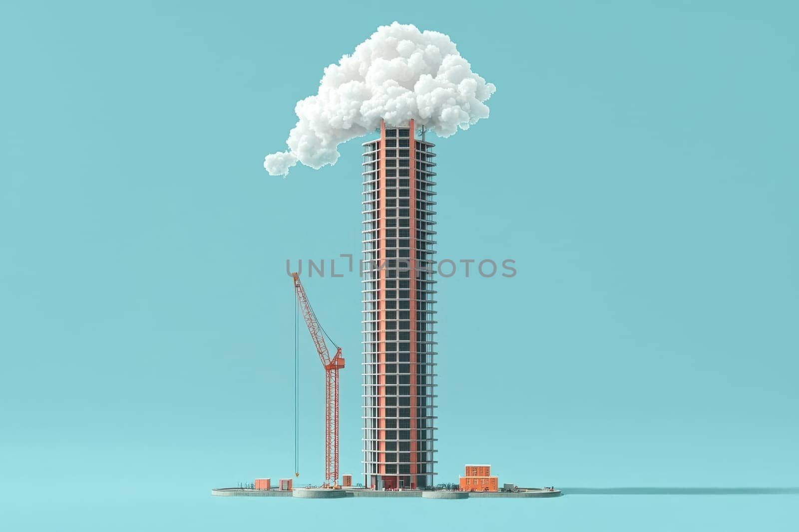 A tall building with a crane in front of it. The crane is in the foreground and the building is in the background