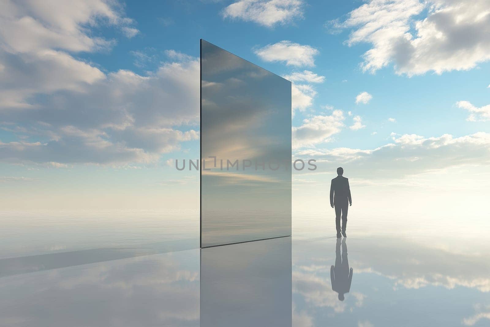 A man stands in front of a large mirror, looking out at the ocean. The mirror is surrounded by clouds, creating a sense of depth and mystery