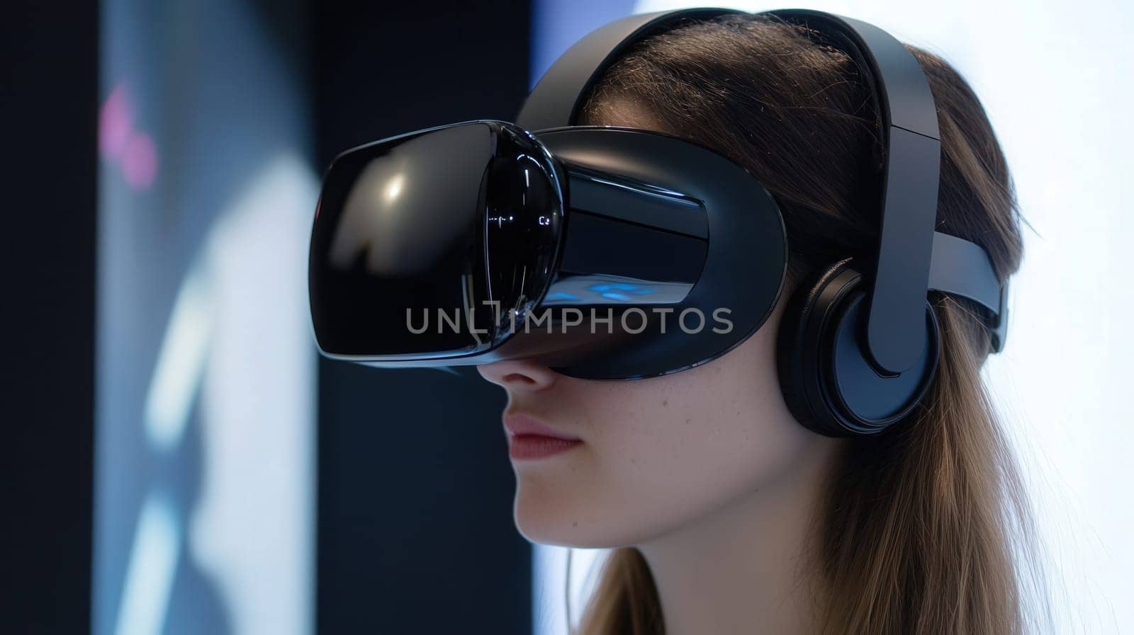 A young adult is fully immersed in an engaging virtual reality experience at an innovative tech exhibition