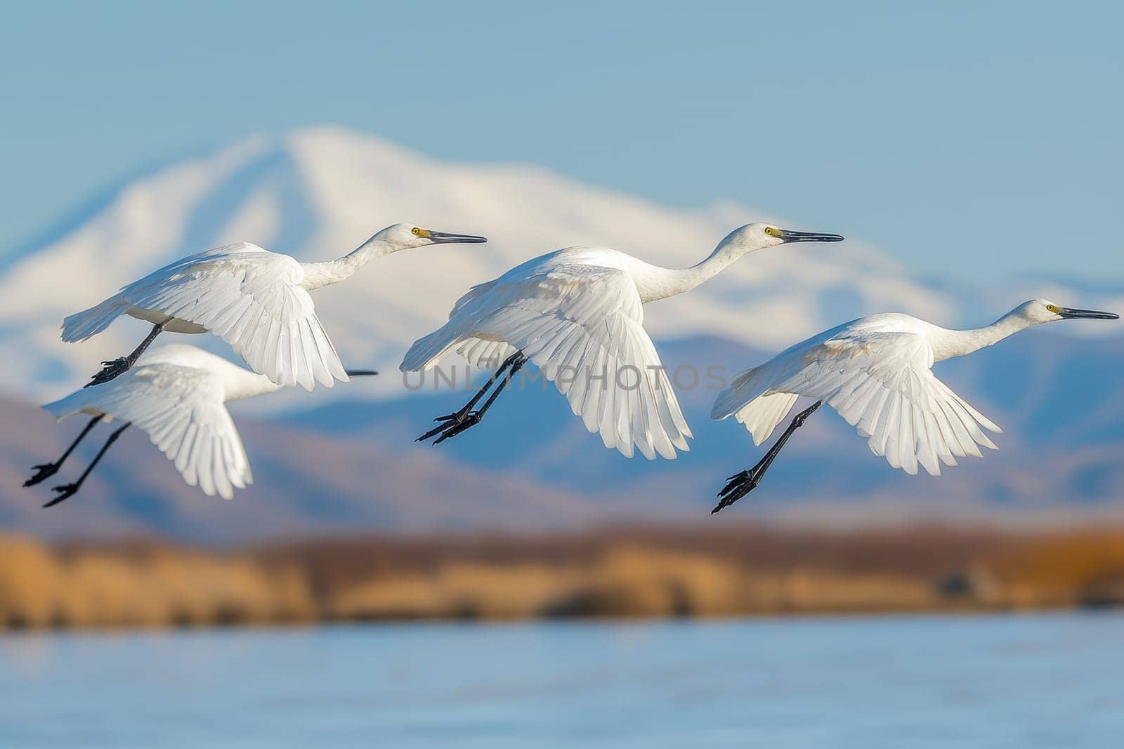 A flock of white birds fly over a mountain range. The birds are in the air and are flying in a line