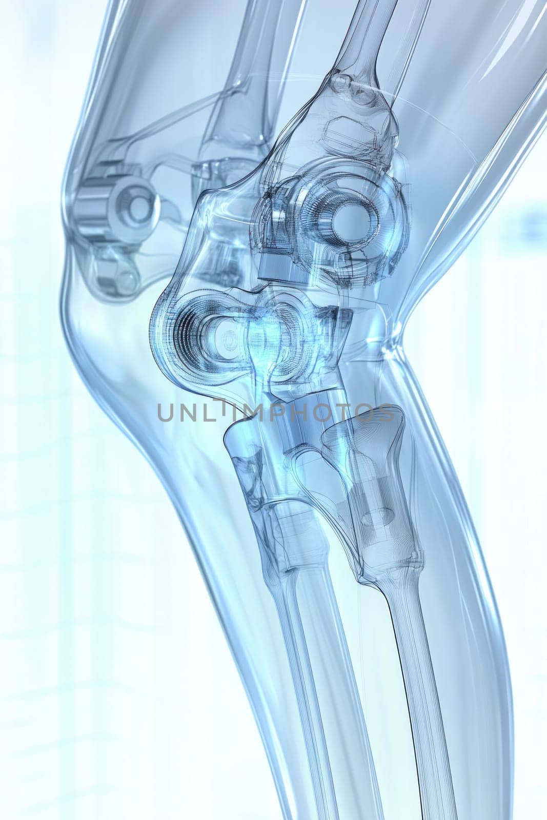 Transparent knee joint illustrating bones and ligaments, providing insights into human anatomy