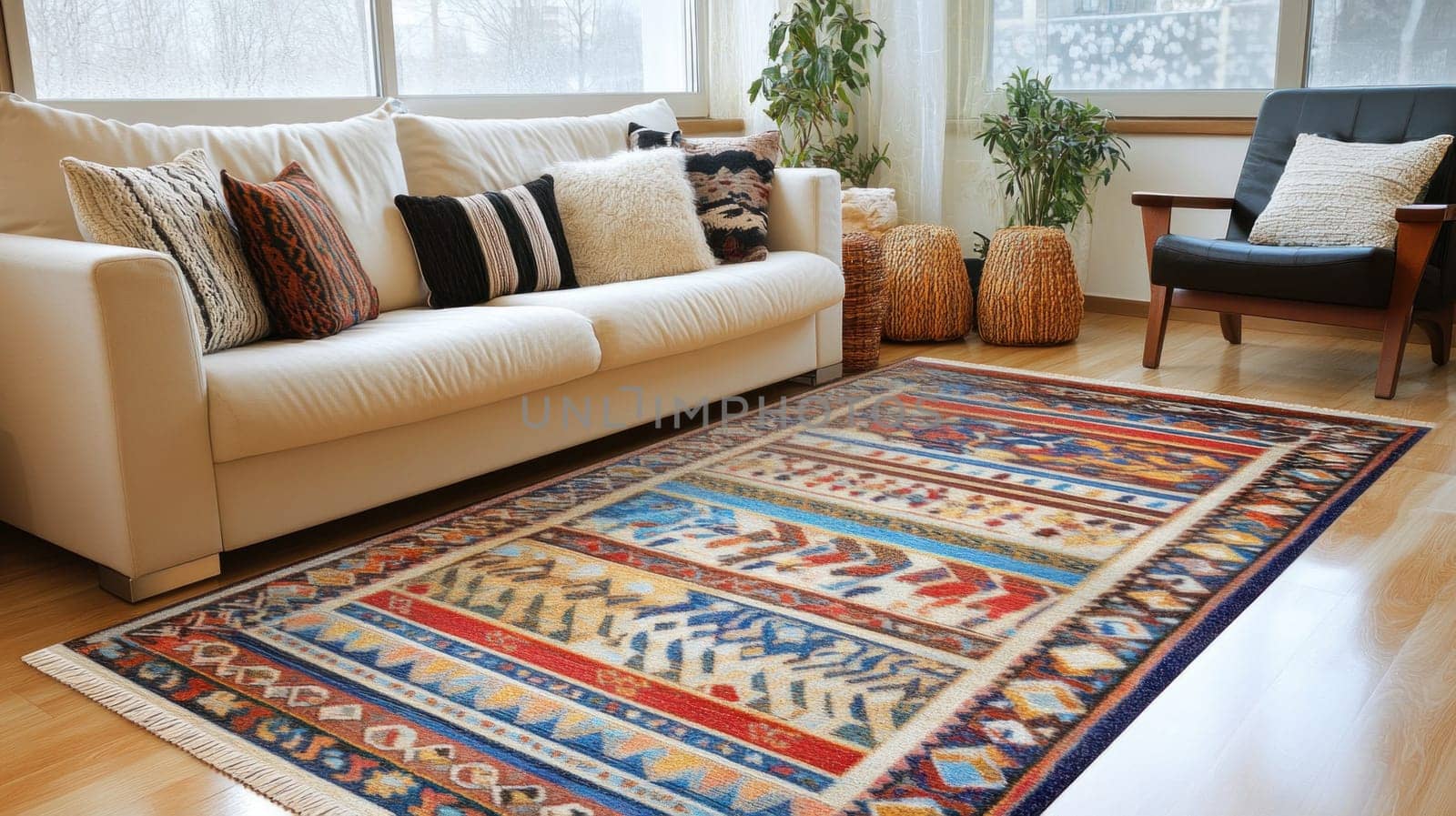 Cozy living room with a colorful persian rug, a comfortable sofa with cushions, an armchair, and plants in decorative pots