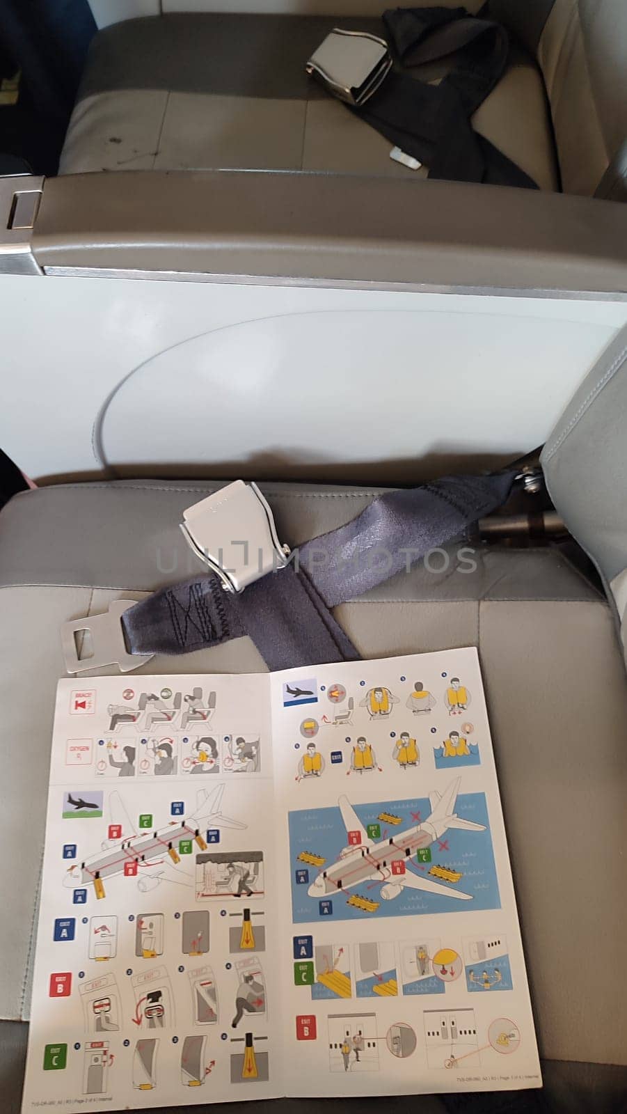 15 October 2024 Tel-Aviv Israel Ben Gurion airport. Airplane safety instructions. High quality photo