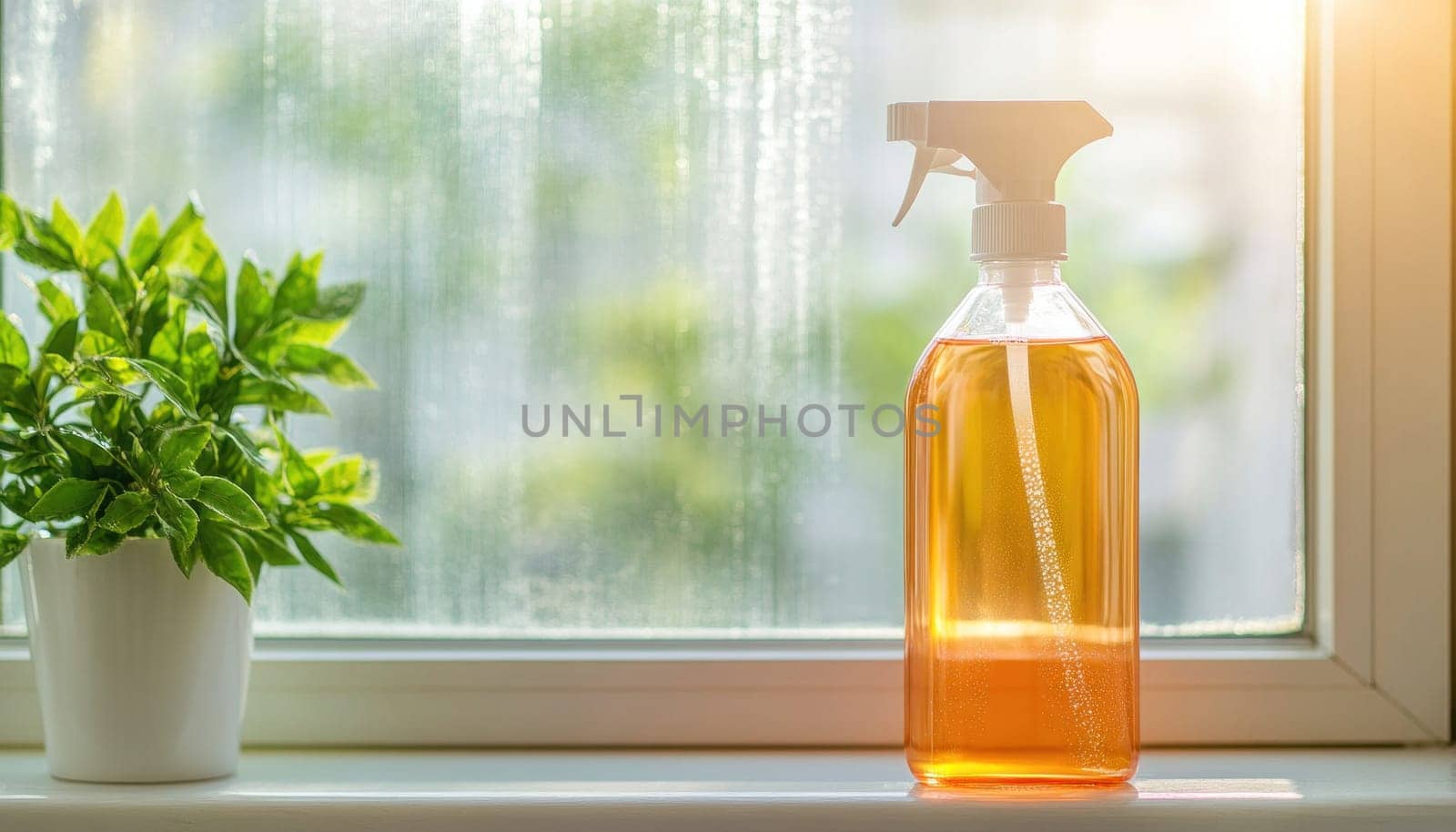 Orange cleaning spray bottle and plant near window with sun flare creating cleaning concept