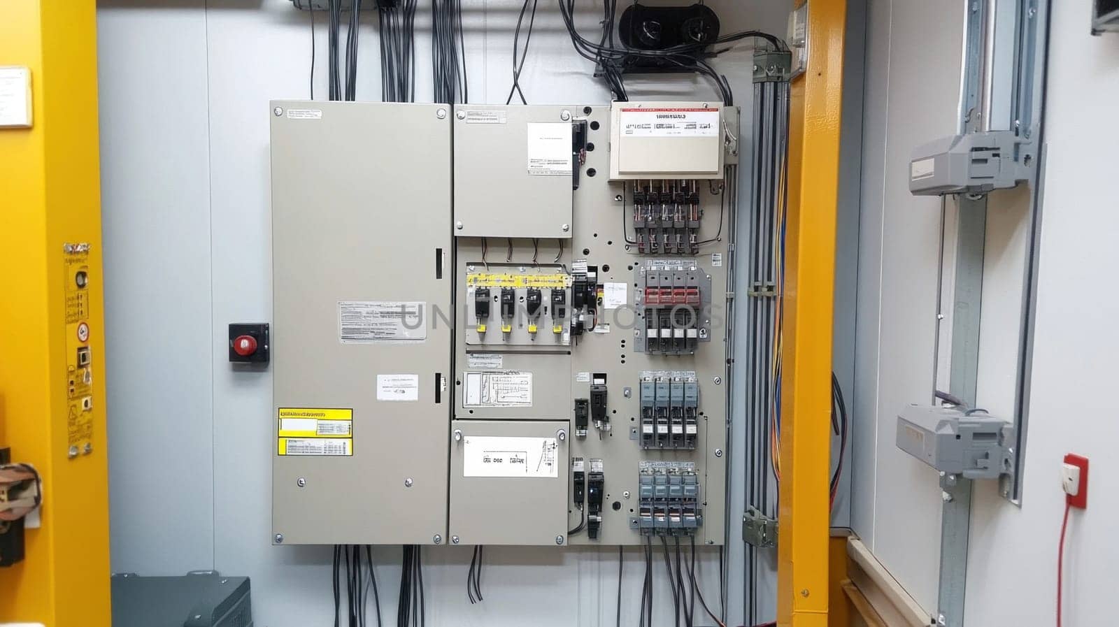 Close up of an electrical distribution board highlighting various components including fuses, wiring, and circuit breakers