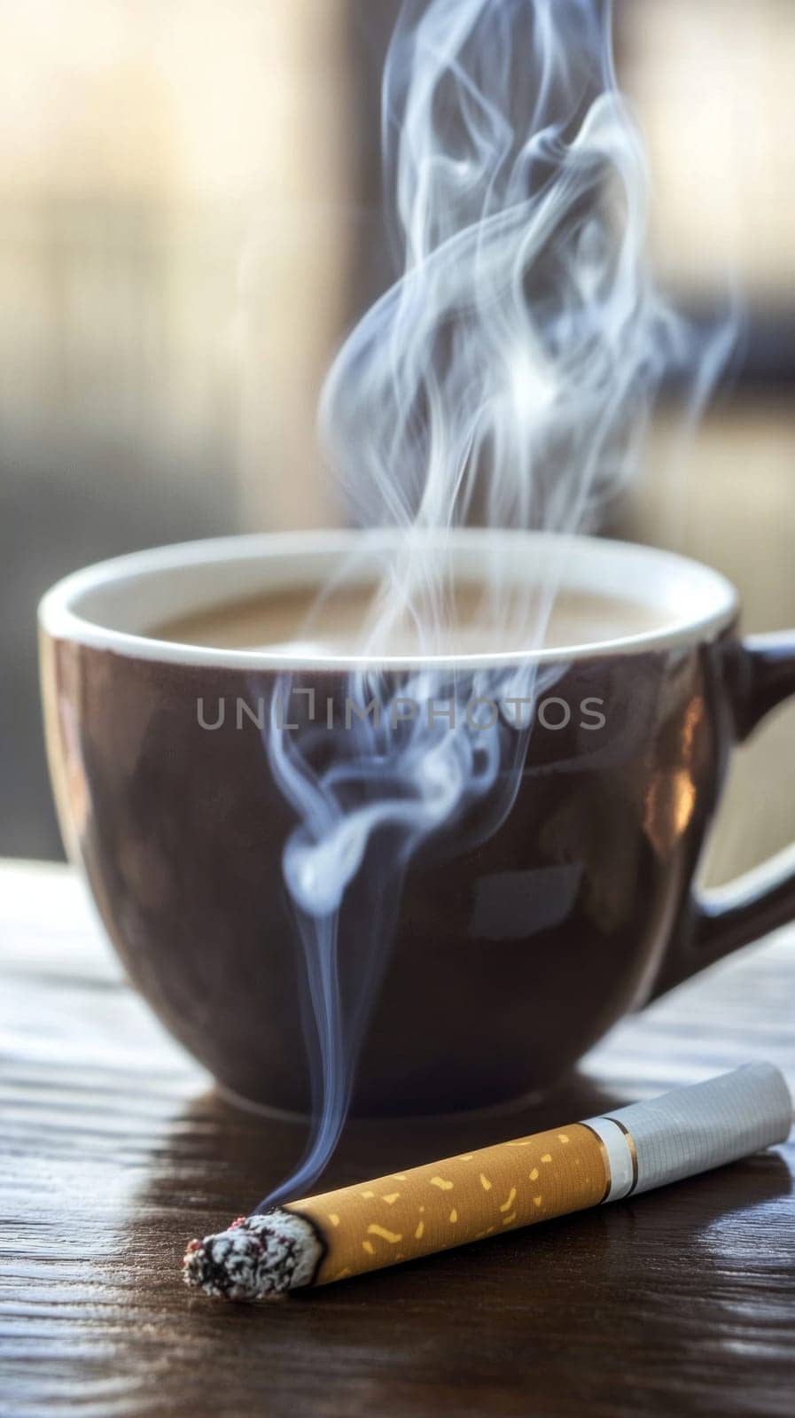 Lit cigarette lies on a wooden table next to a steaming cup of coffee, creating a thought provoking scene about unhealthy habits