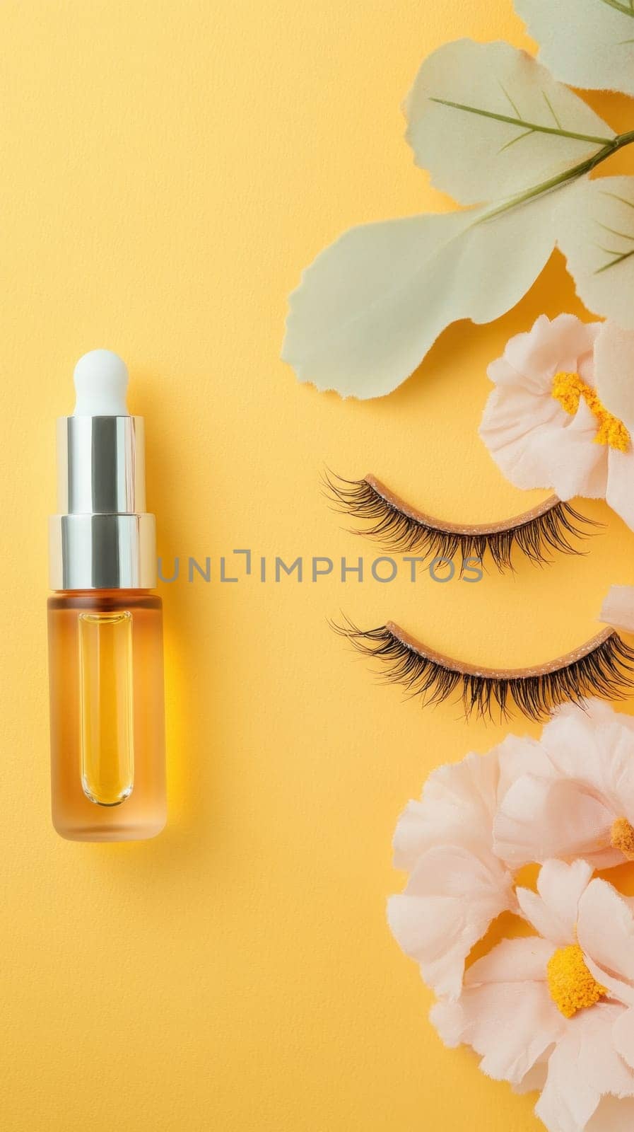 Eyelash growth serum, false eyelashes, and delicate flowers arranged on a vibrant yellow backdrop, creating a stylish beauty flat lay