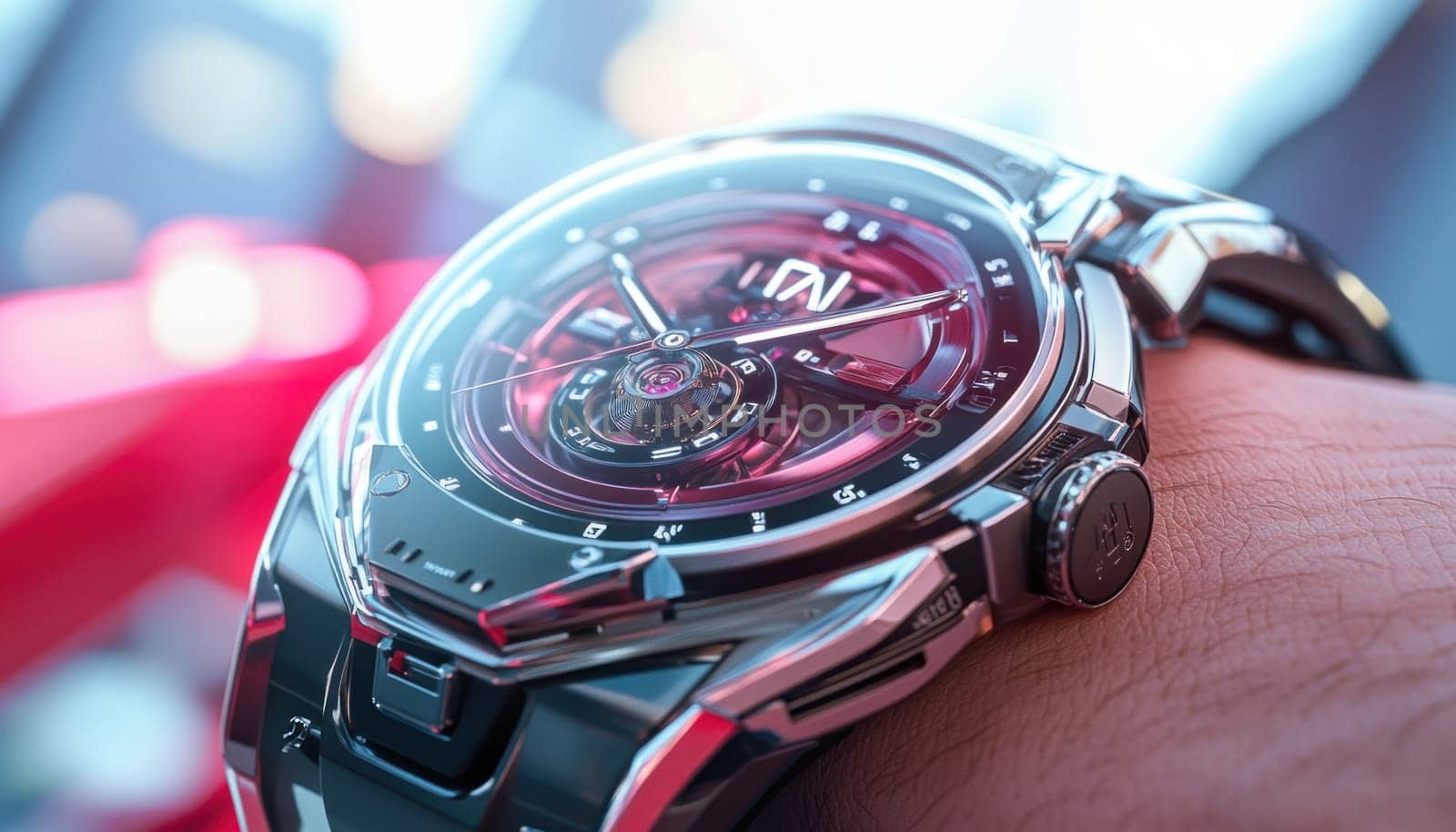 Close up of futuristic wristwatch with visible rotating gears and red accents, showcasing intricate design and precise timekeeping