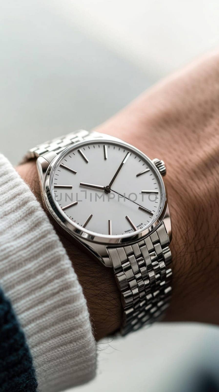 Close up of a modern wristwatch with a white dial and silver hands