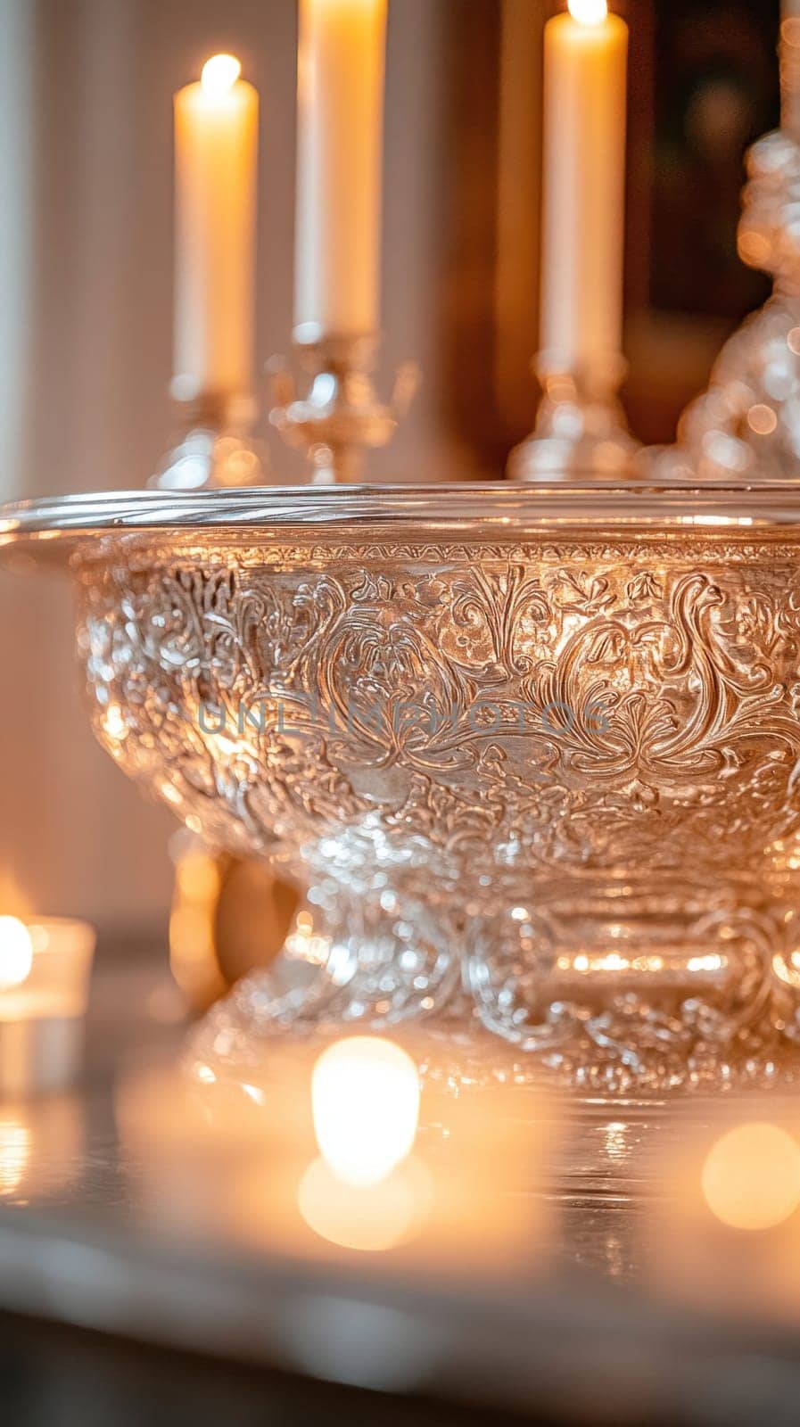 Ornate silver bowl illuminated by warm candlelight, evoking a sense of celebration and elegance