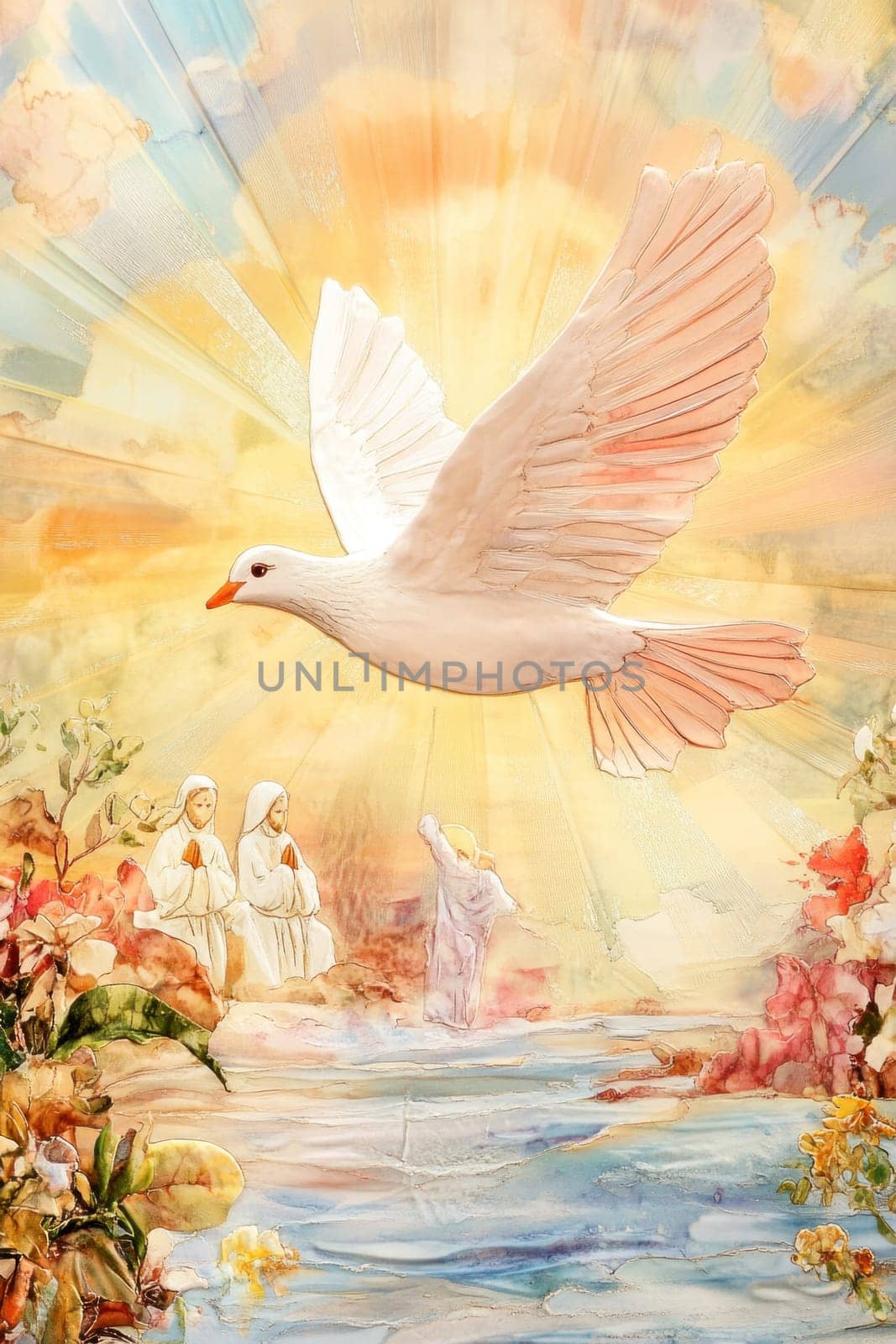 Artistic representation of a religious scene with white dove flying above praying people and river, symbolizing spirituality, faith, and divine presence