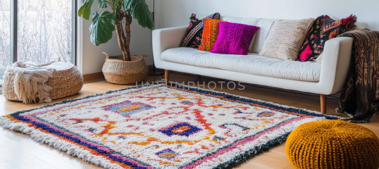 Bright and inviting living room showcasing a vibrant berber carpet, white sofa, and stylish accessories, creating a warm and comfortable atmosphere