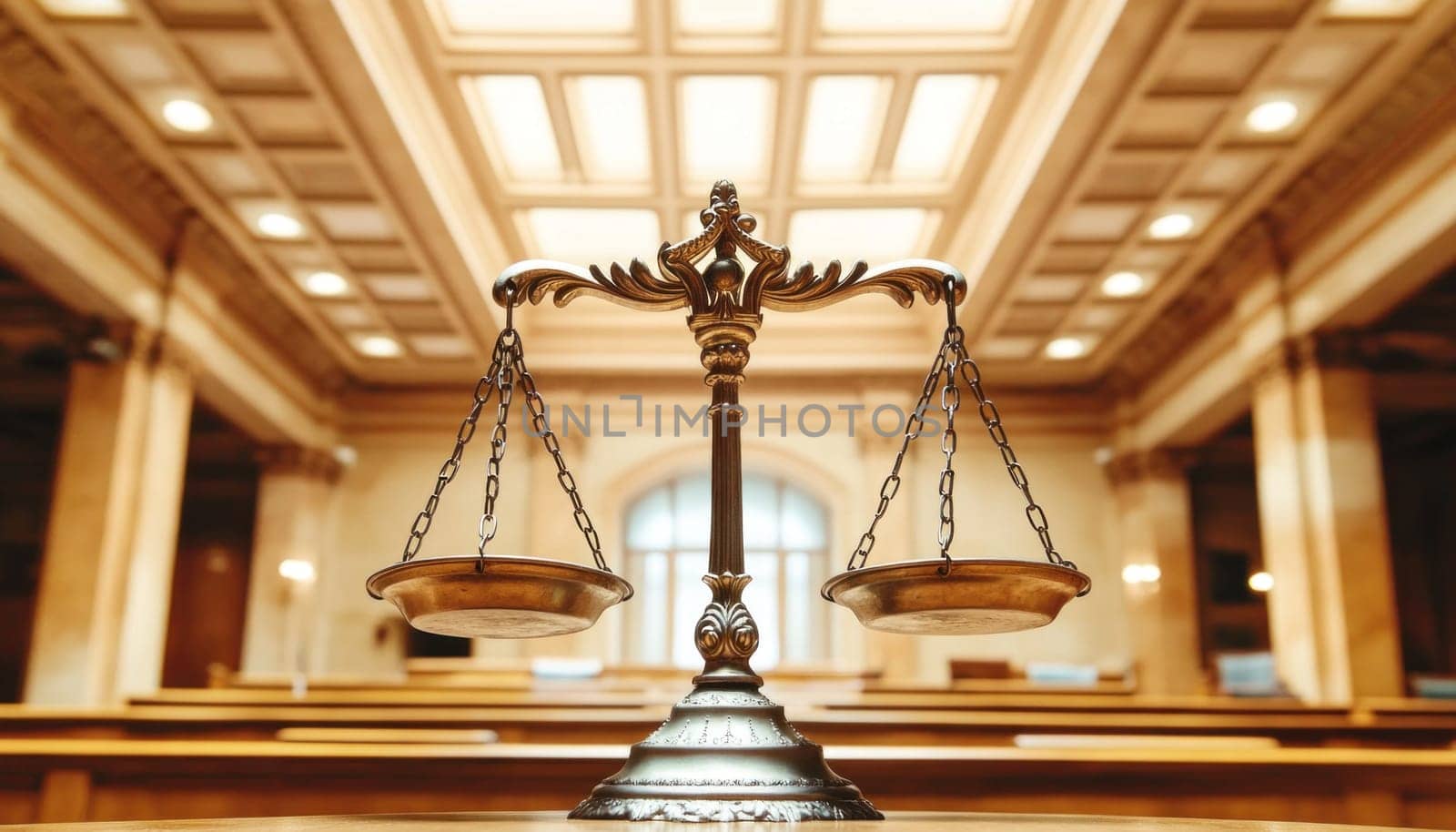 Brass scales symbolize justice and legal proceedings in a courtroom setting, representing fairness, equality, and the pursuit of truth
