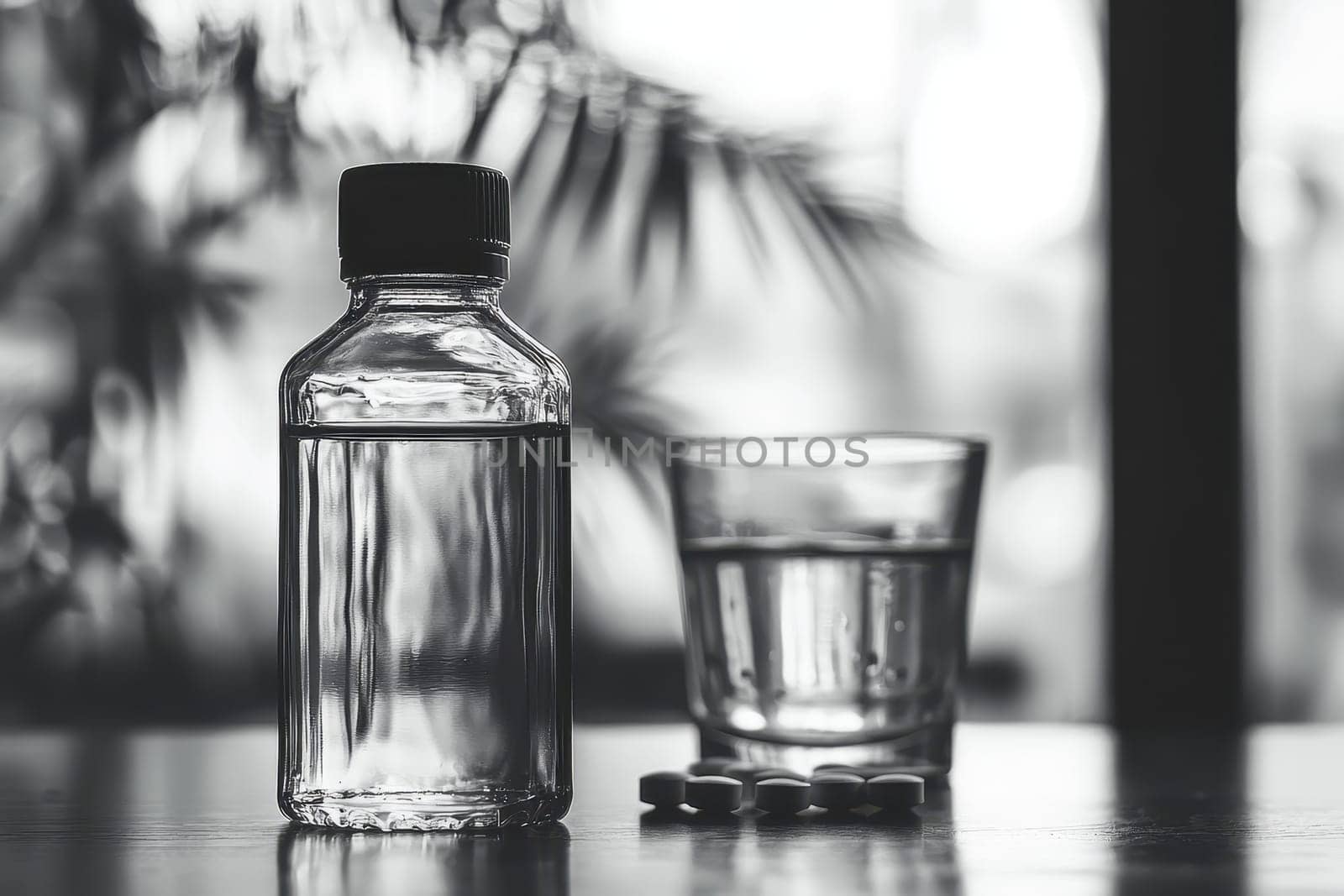 A bottle of pills and a glass of water sit on a table. The bottle is half full and the glass is almost empty. Concept of emptiness and loneliness, as if the person who owns the bottle